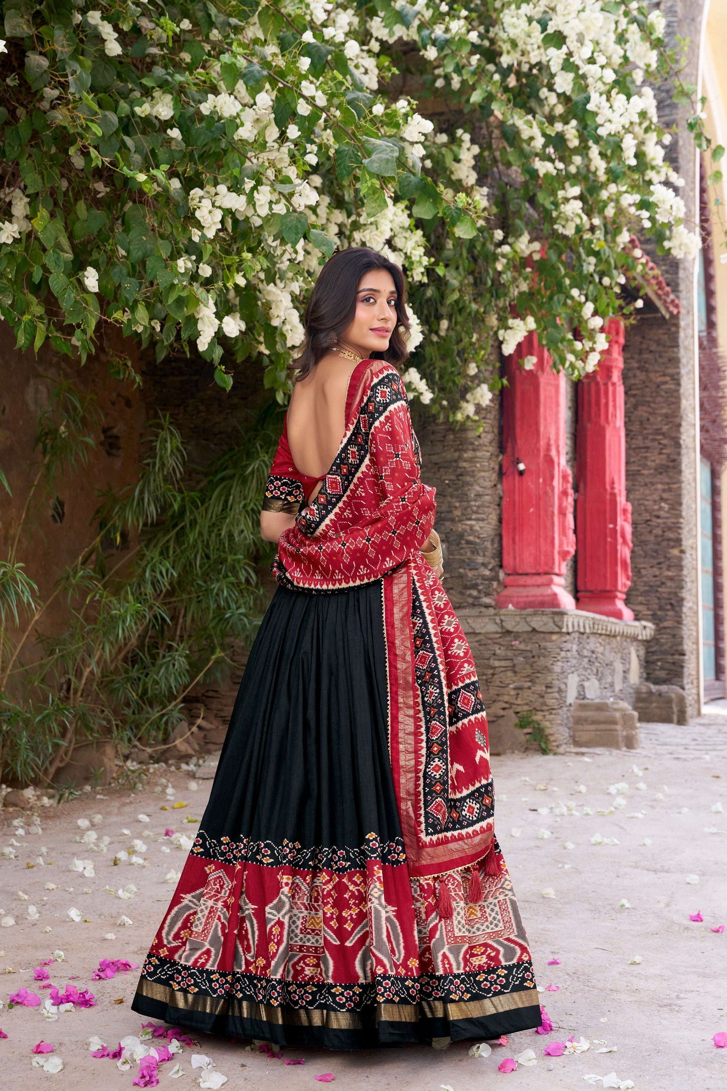 Lorenvalley Fashion Black Tussar Silk Patola Printed With Foil Work Lehenga Choli with Dupatta - Swadesiicart