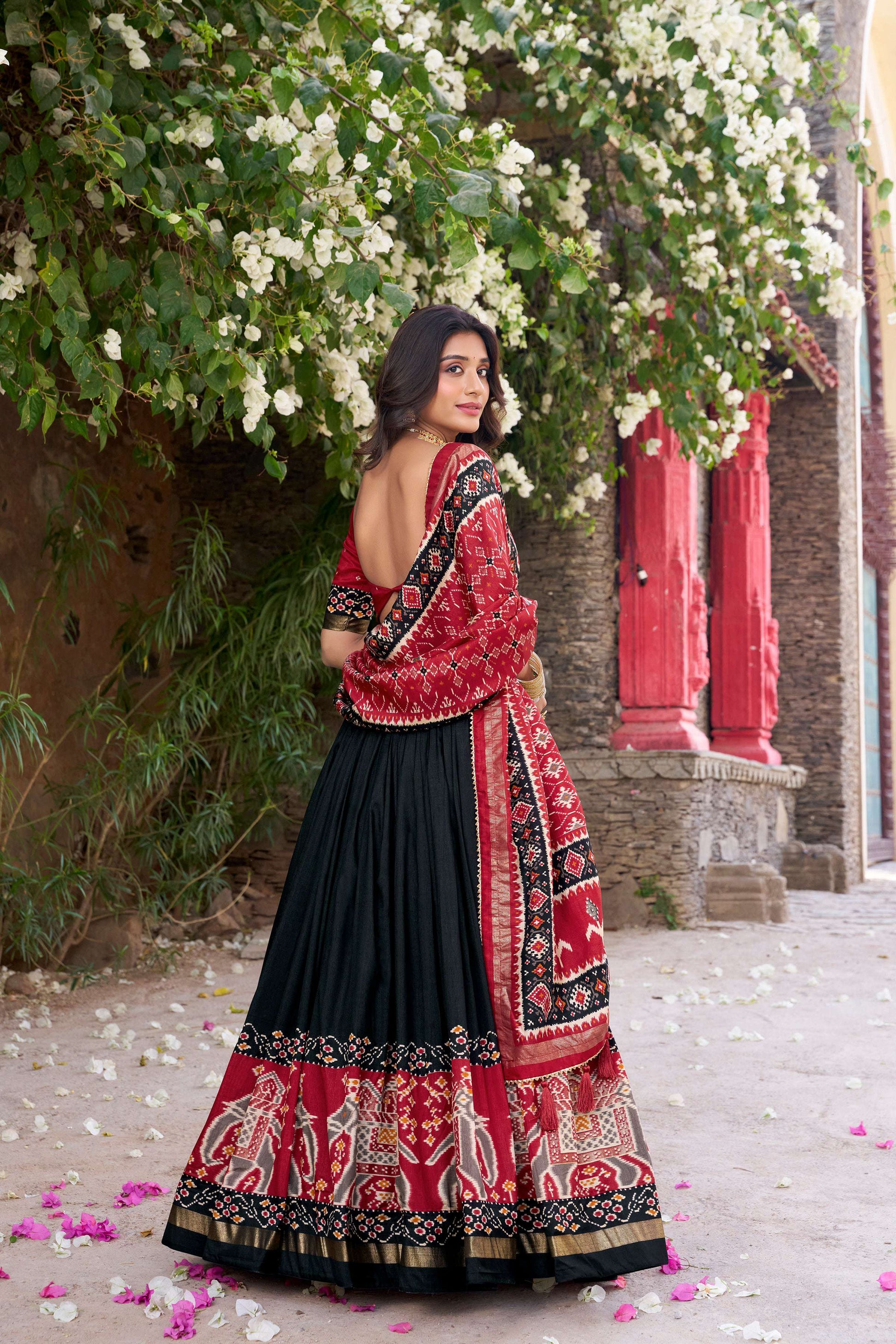 Lorenvalley Fashion Black Tussar Silk Patola Printed With Foil Work Lehenga Choli with Dupatta - Swadesiicart