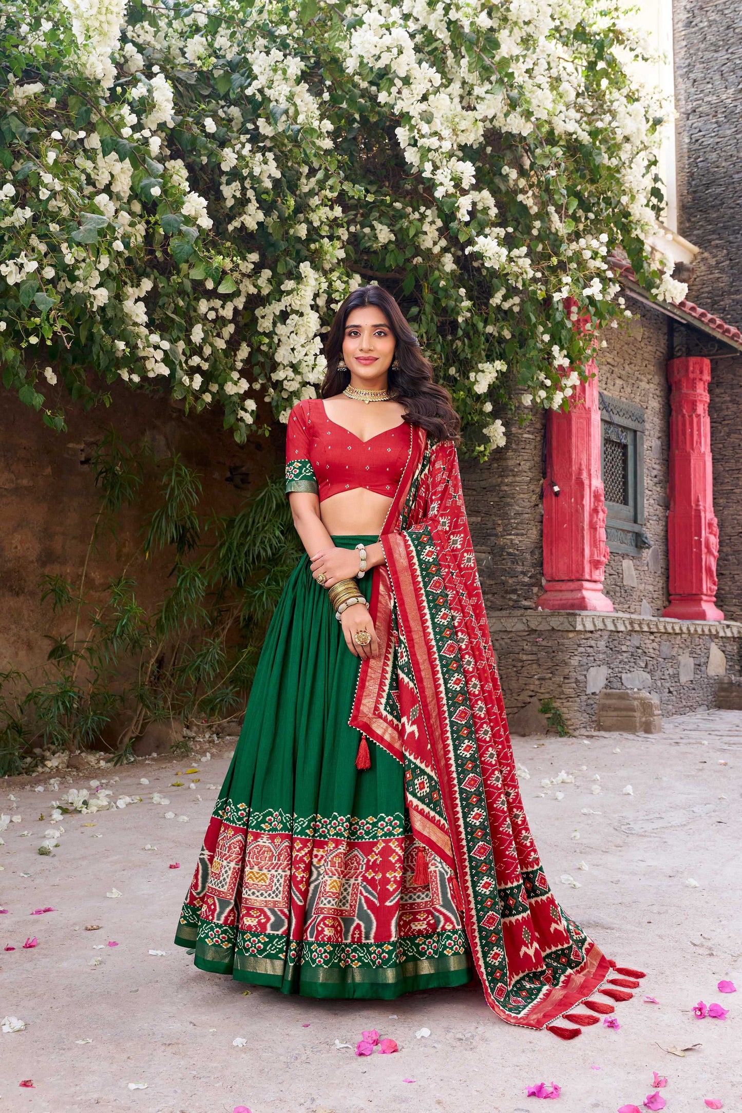 Lorenvalley Fashion Green Tussar Silk Patola Printed With Foil Work Lehenga Choli with Dupatta - Swadesiicart