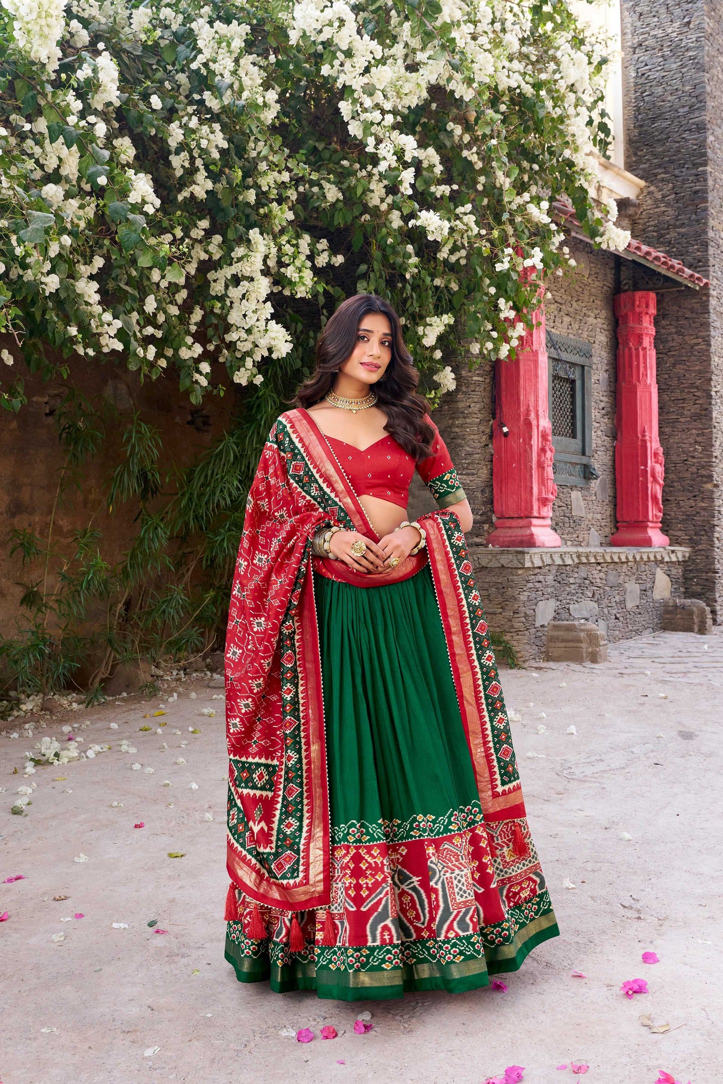 Lorenvalley Fashion Green Tussar Silk Patola Printed With Foil Work Lehenga Choli with Dupatta - Swadesiicart
