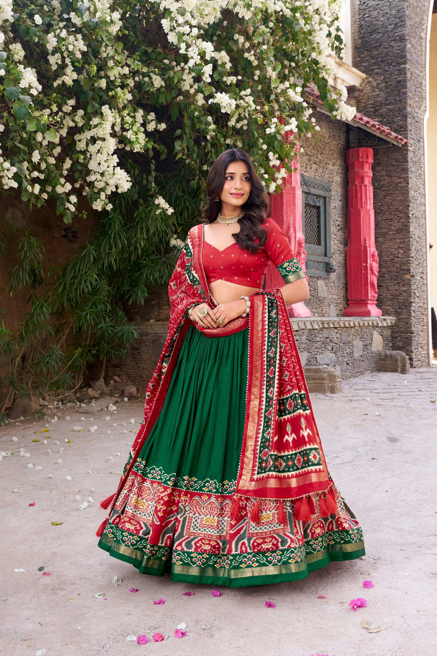 Lorenvalley Fashion Green Tussar Silk Patola Printed With Foil Work Lehenga Choli with Dupatta - Swadesiicart