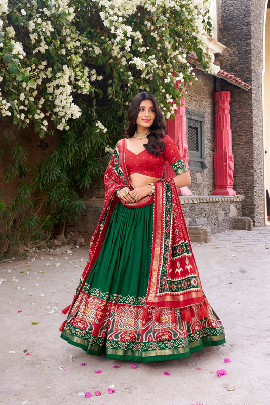Lorenvalley Fashion Green Tussar Silk Patola Printed With Foil Work Lehenga Choli with Dupatta - Swadesiicart
