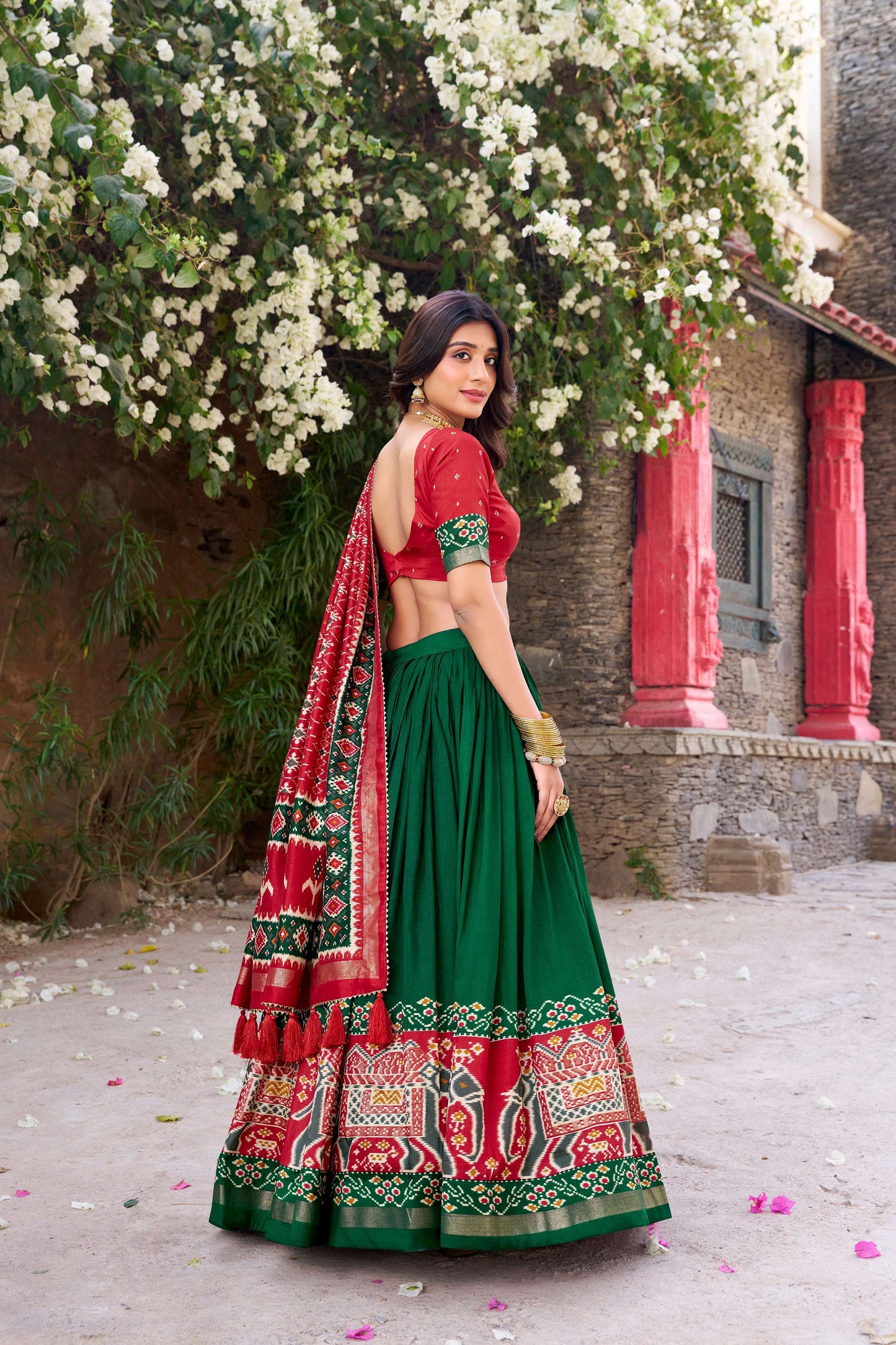 Lorenvalley Fashion Green Tussar Silk Patola Printed With Foil Work Lehenga Choli with Dupatta - Swadesiicart