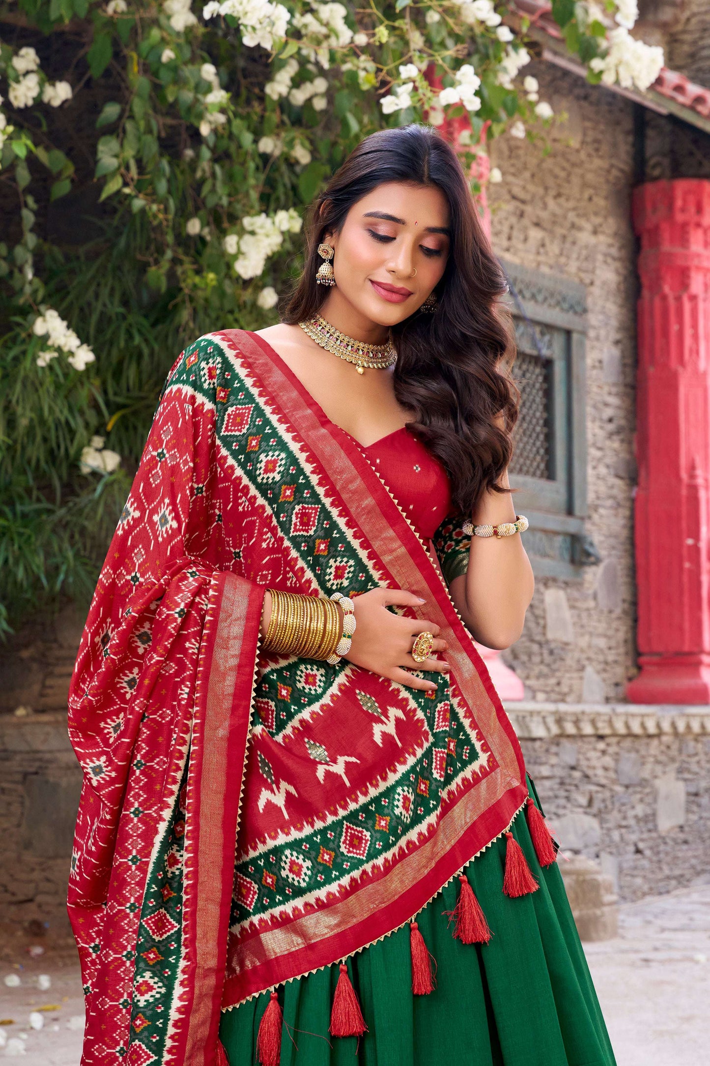 Lorenvalley Fashion Green Tussar Silk Patola Printed With Foil Work Lehenga Choli with Dupatta - Swadesiicart