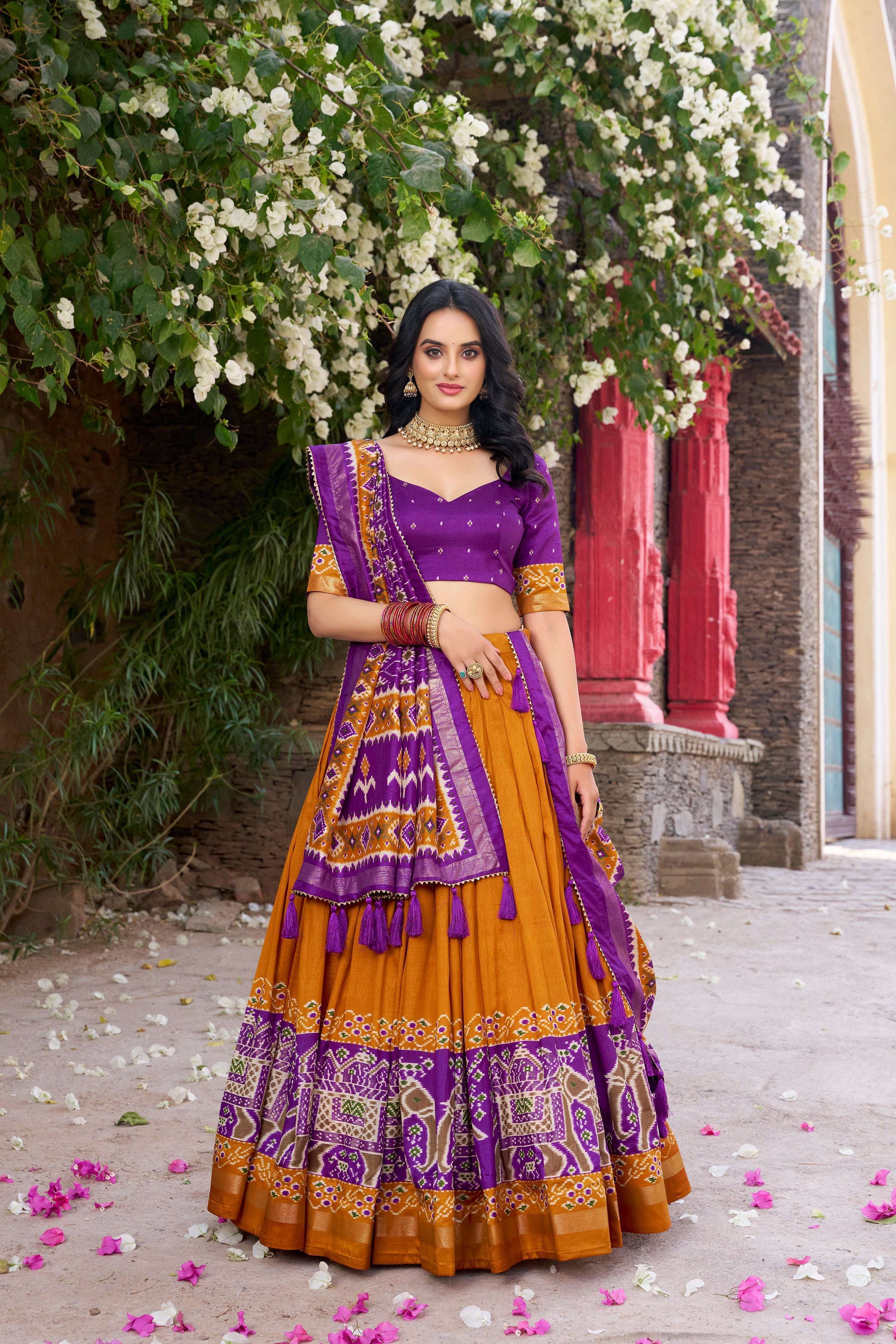 Lorenvalley Fashion Mustard Tussar Silk Patola Printed With Foil Work Lehenga Choli with Dupatta - Swadesiicart