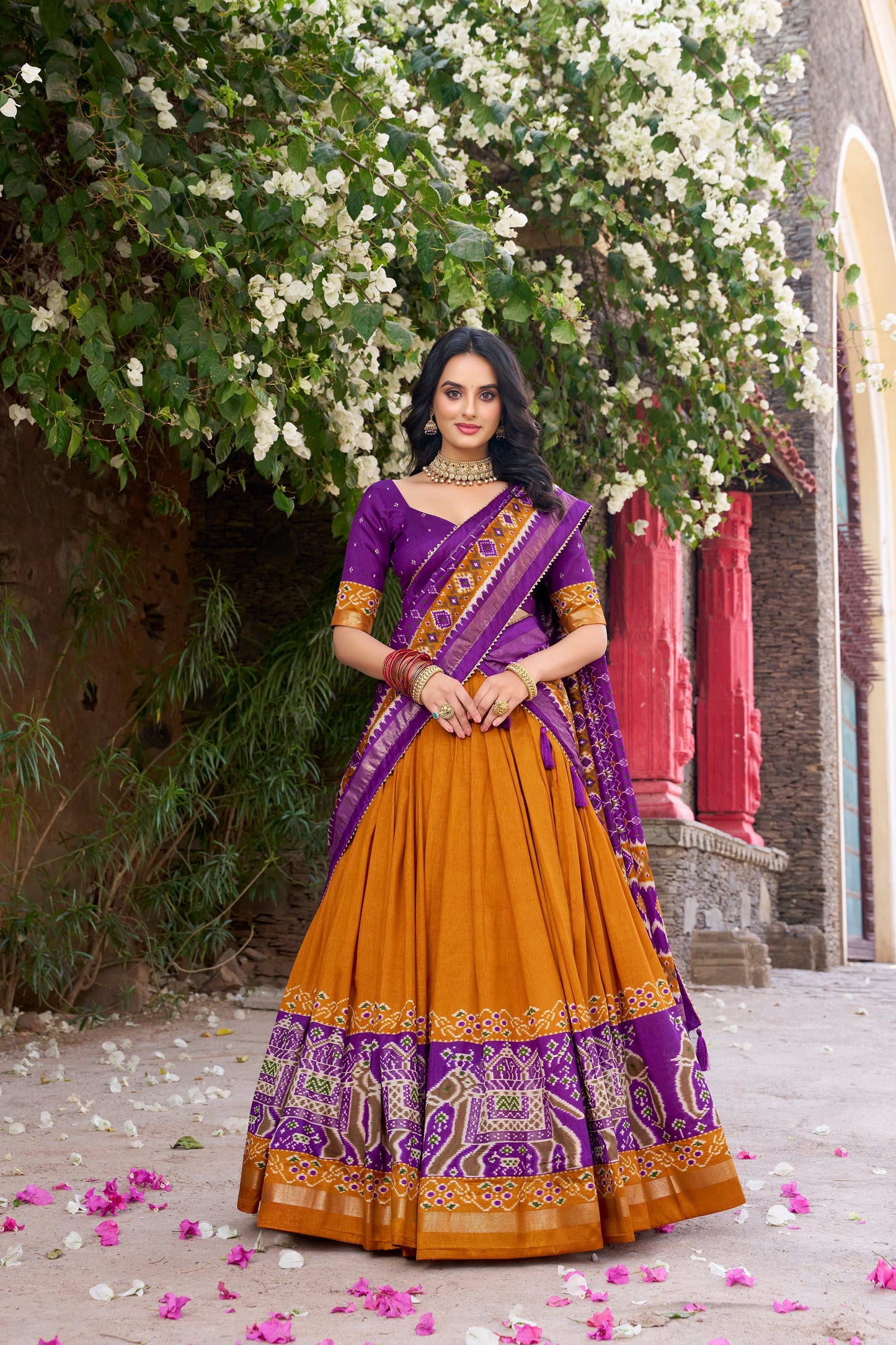 Lorenvalley Fashion Mustard Tussar Silk Patola Printed With Foil Work Lehenga Choli with Dupatta - Swadesiicart