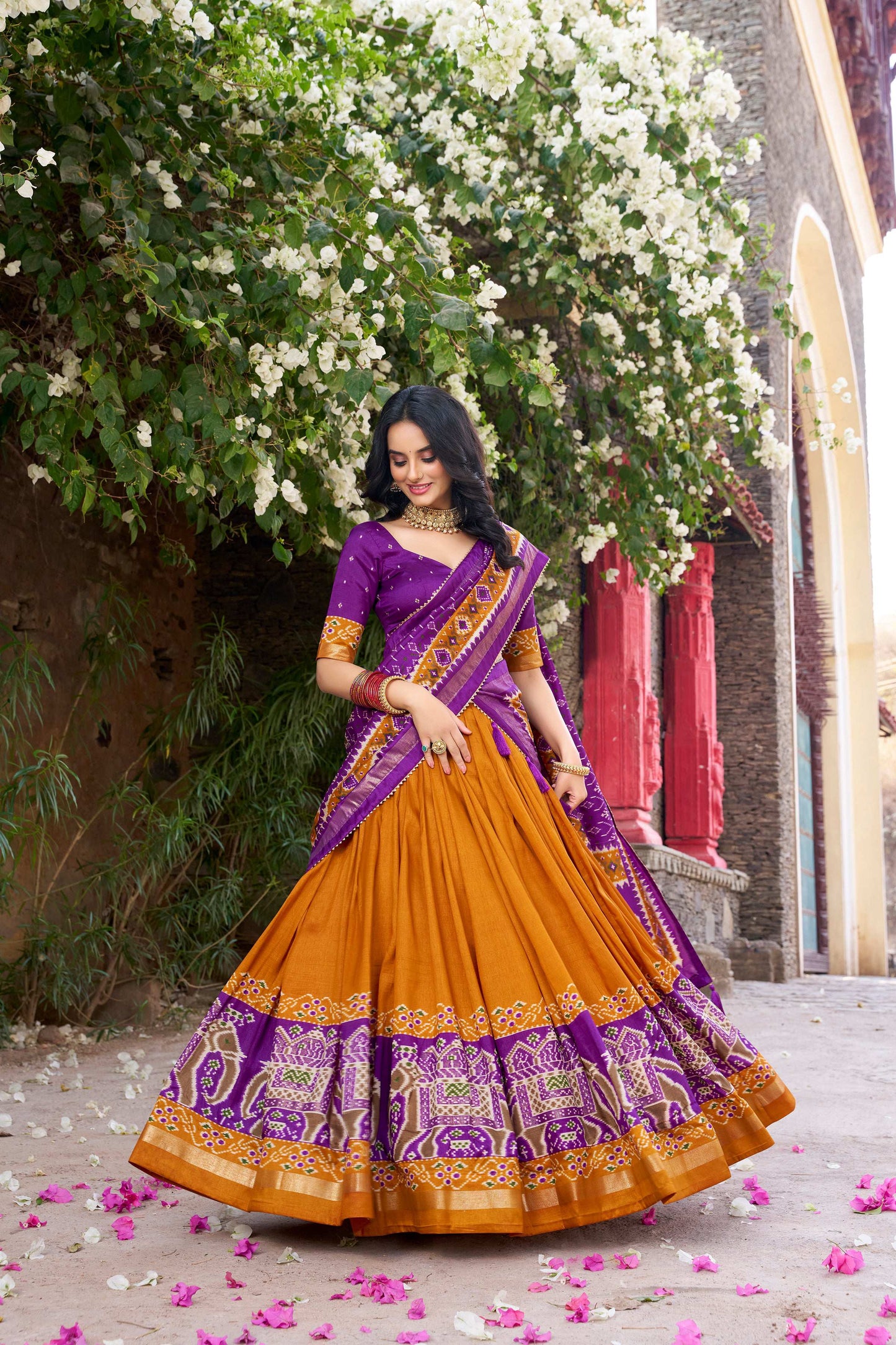 Lorenvalley Fashion Mustard Tussar Silk Patola Printed With Foil Work Lehenga Choli with Dupatta - Swadesiicart