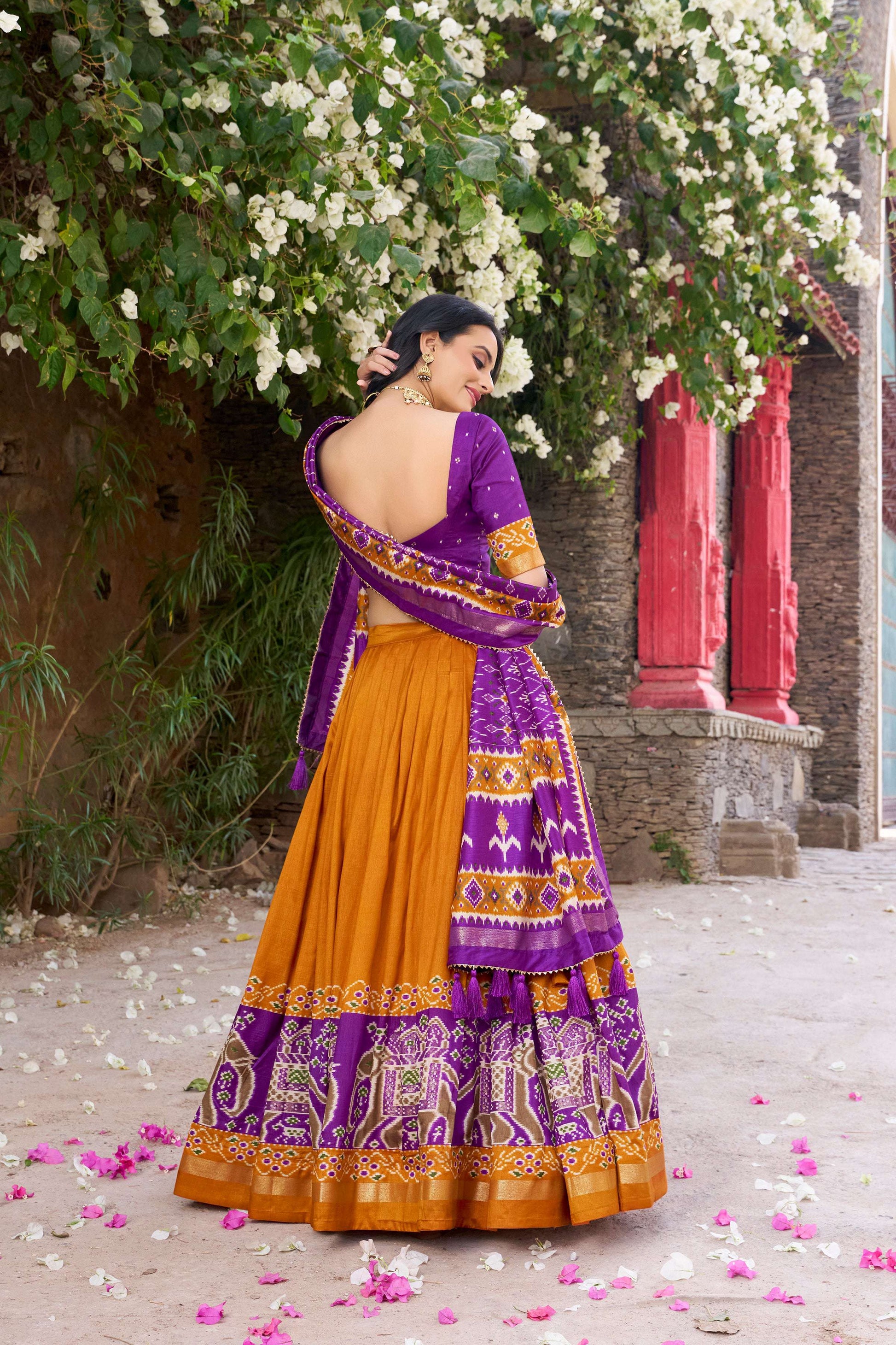 Lorenvalley Fashion Mustard Tussar Silk Patola Printed With Foil Work Lehenga Choli with Dupatta - Swadesiicart