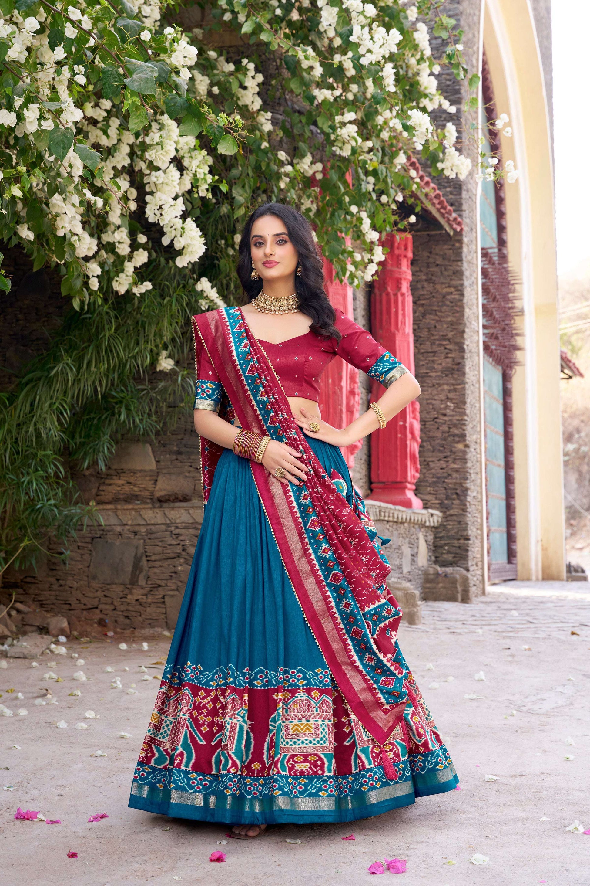 Lorenvalley Fashion Teal Tussar Silk Patola Printed With Foil Work Lehenga Choli with Dupatta - Swadesiicart