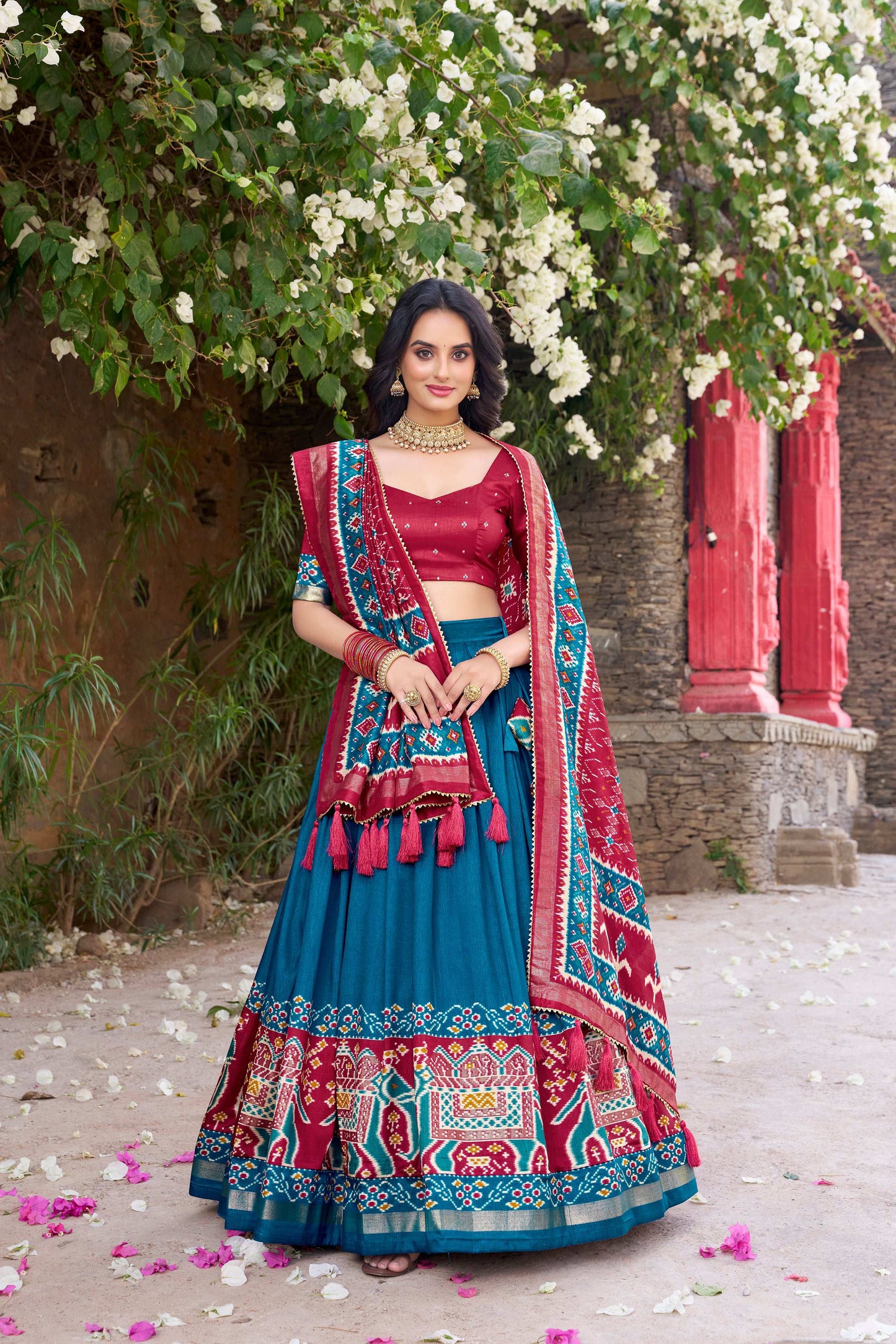 Lorenvalley Fashion Teal Tussar Silk Patola Printed With Foil Work Lehenga Choli with Dupatta - Swadesiicart