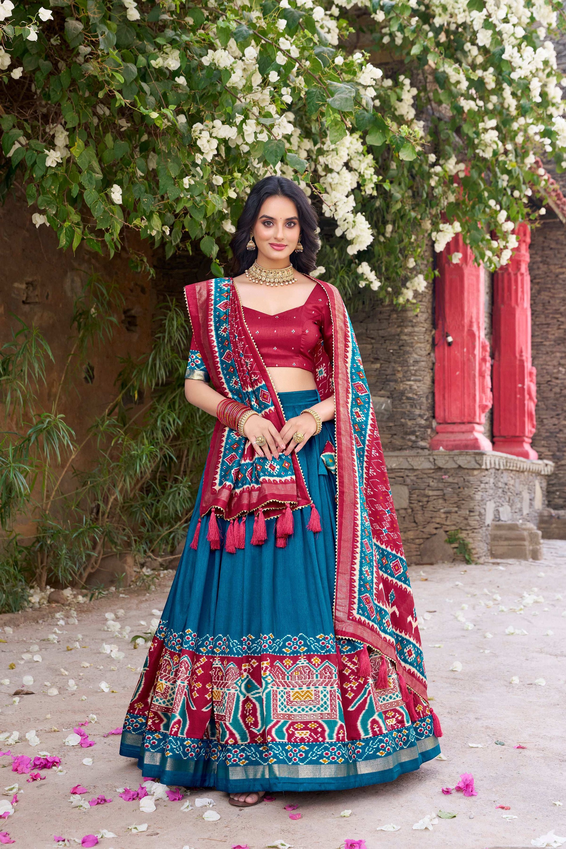 Lorenvalley Fashion Teal Tussar Silk Patola Printed With Foil Work Lehenga Choli with Dupatta - Swadesiicart