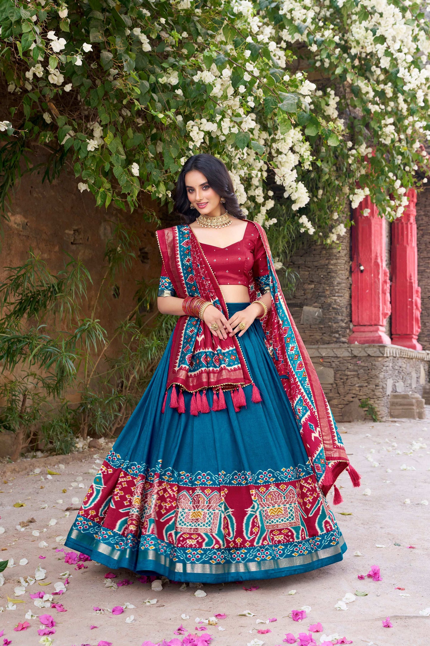Lorenvalley Fashion Teal Tussar Silk Patola Printed With Foil Work Lehenga Choli with Dupatta - Swadesiicart