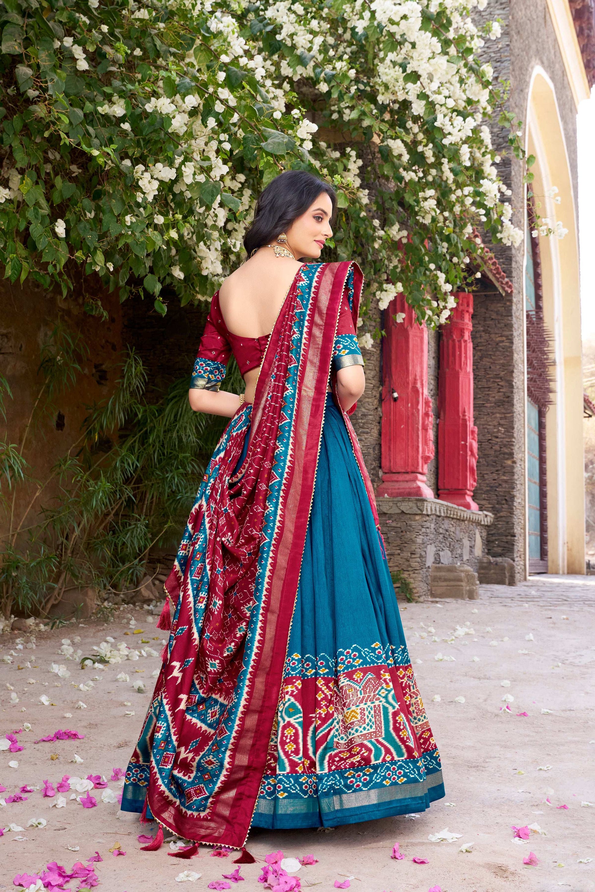 Lorenvalley Fashion Teal Tussar Silk Patola Printed With Foil Work Lehenga Choli with Dupatta - Swadesiicart