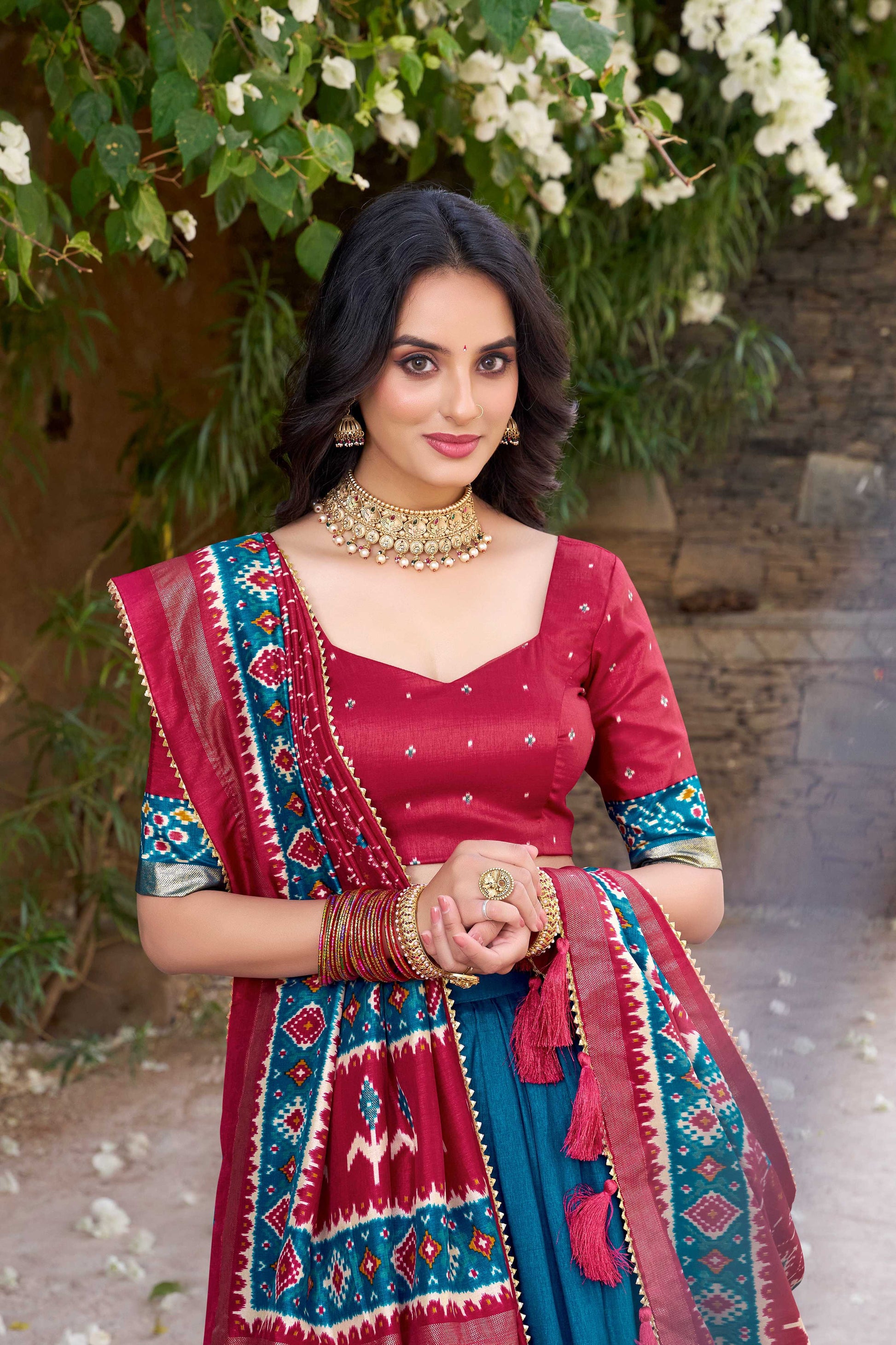 Lorenvalley Fashion Teal Tussar Silk Patola Printed With Foil Work Lehenga Choli with Dupatta - Swadesiicart