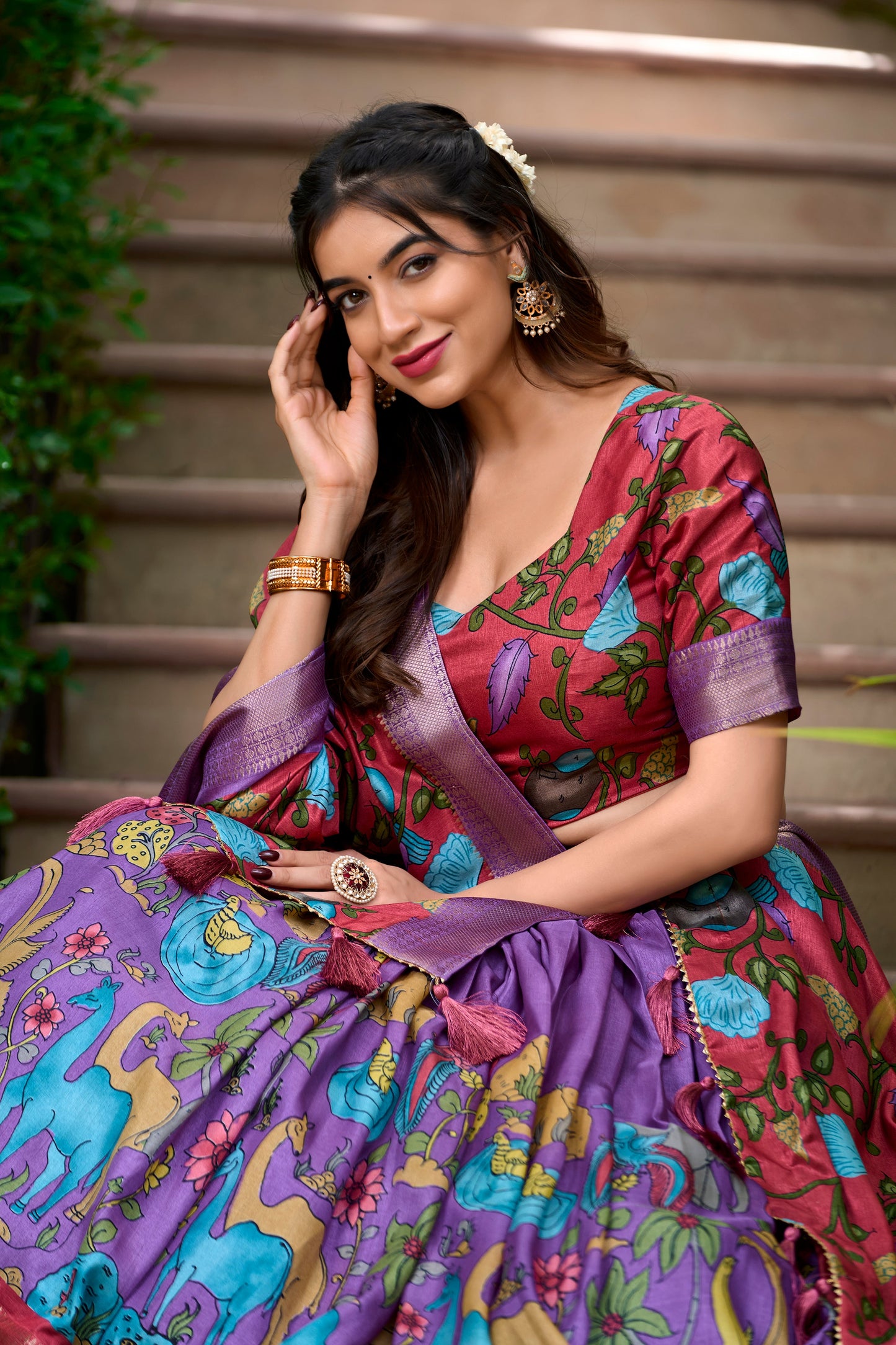Lorenvalley Lavender Dola Silk Kalamkari Print With Zari Weaving Border Lehenga Choli | Swadesiicart