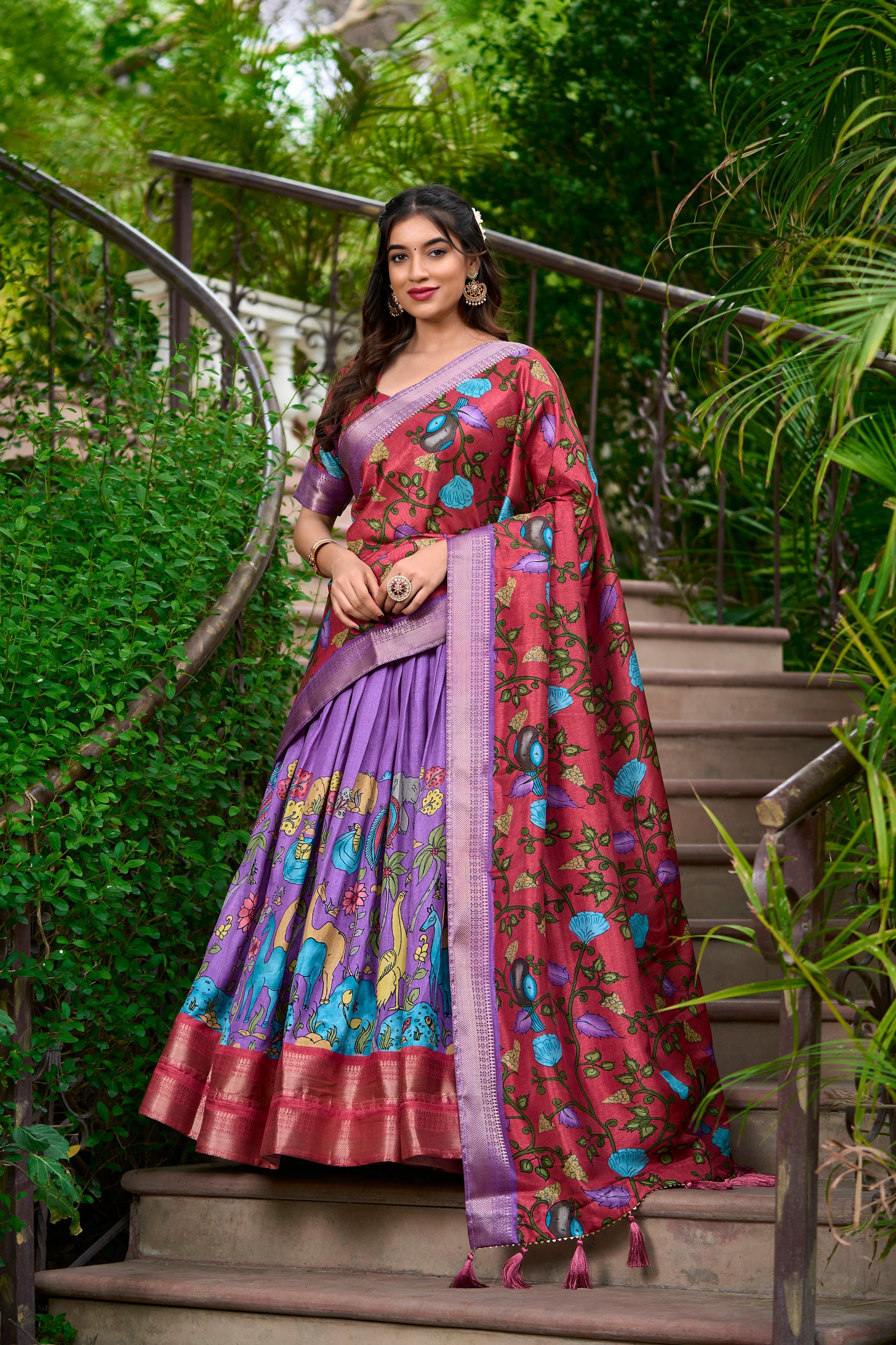 Lorenvalley Lavender Dola Silk Kalamkari Print With Zari Weaving Border Lehenga Choli | Swadesiicart