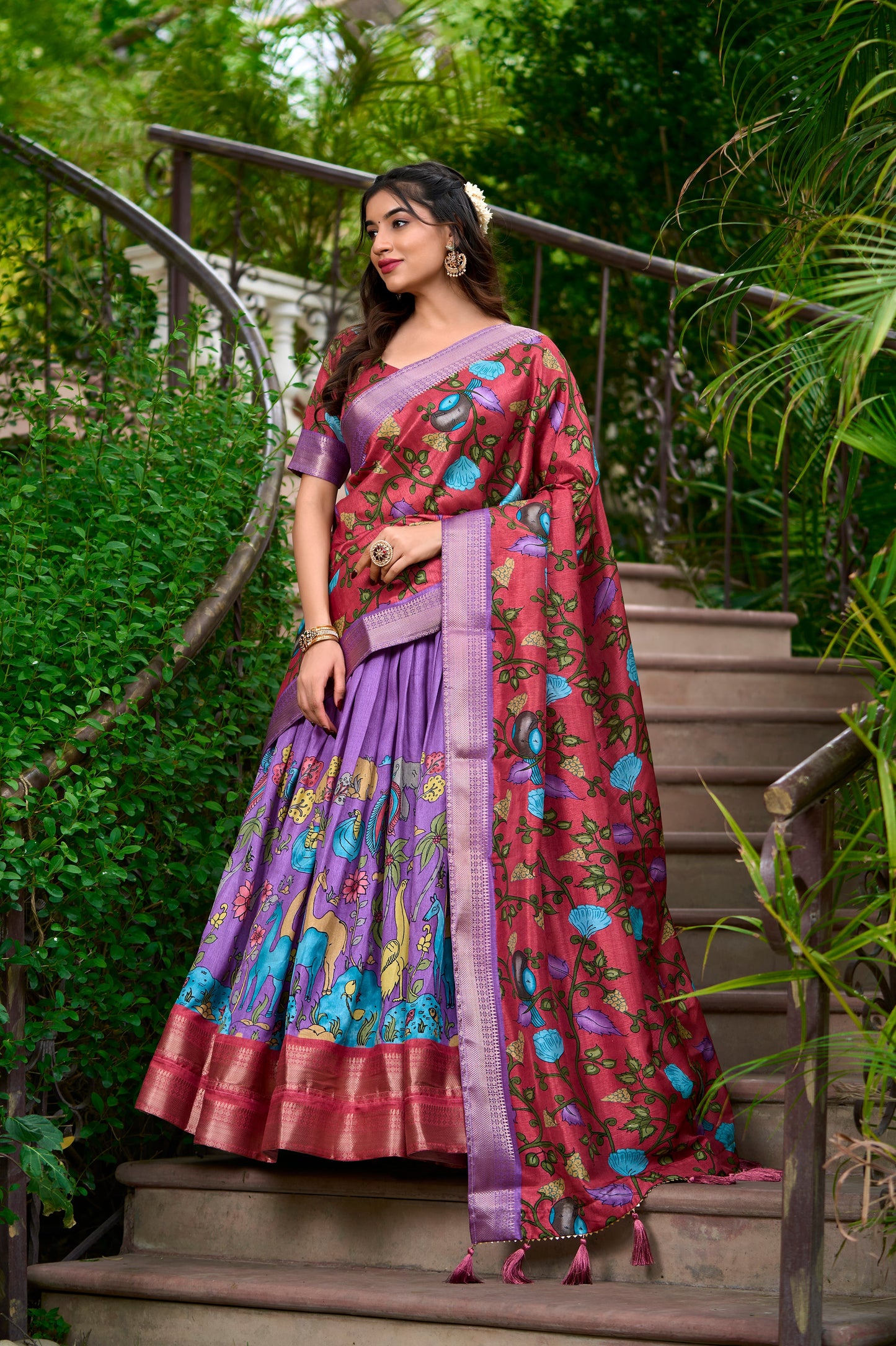 Lorenvalley Lavender Dola Silk Kalamkari Print With Zari Weaving Border Lehenga Choli | Swadesiicart
