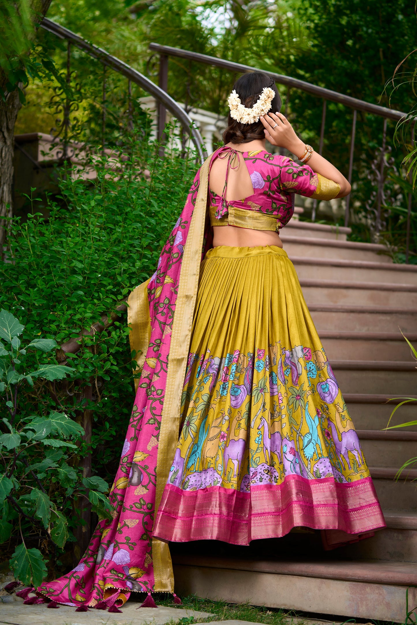 Lorenvalley Mustard Dola Silk Kalamkari Print With Zari Weaving Border Lehenga Choli | Swadesiicart