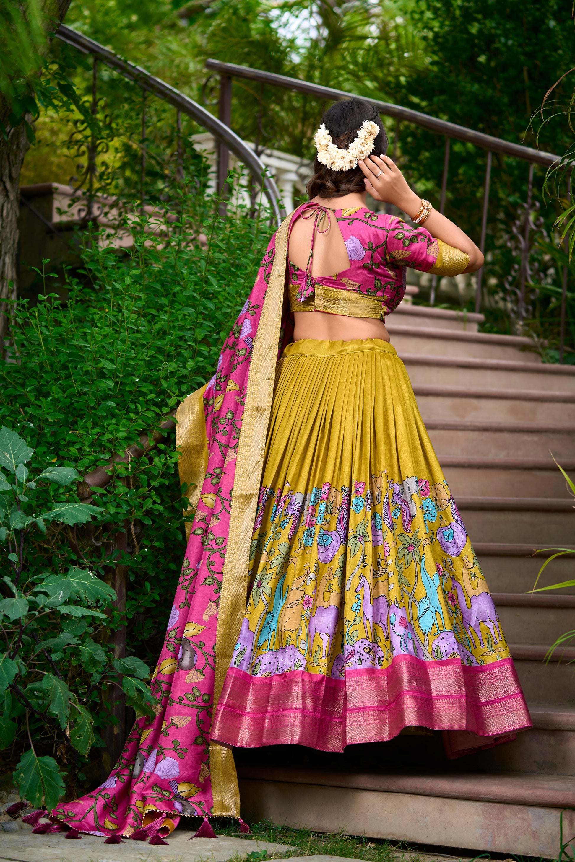 Lorenvalley Mustard Dola Silk Kalamkari Print With Zari Weaving Border Lehenga Choli | Swadesiicart