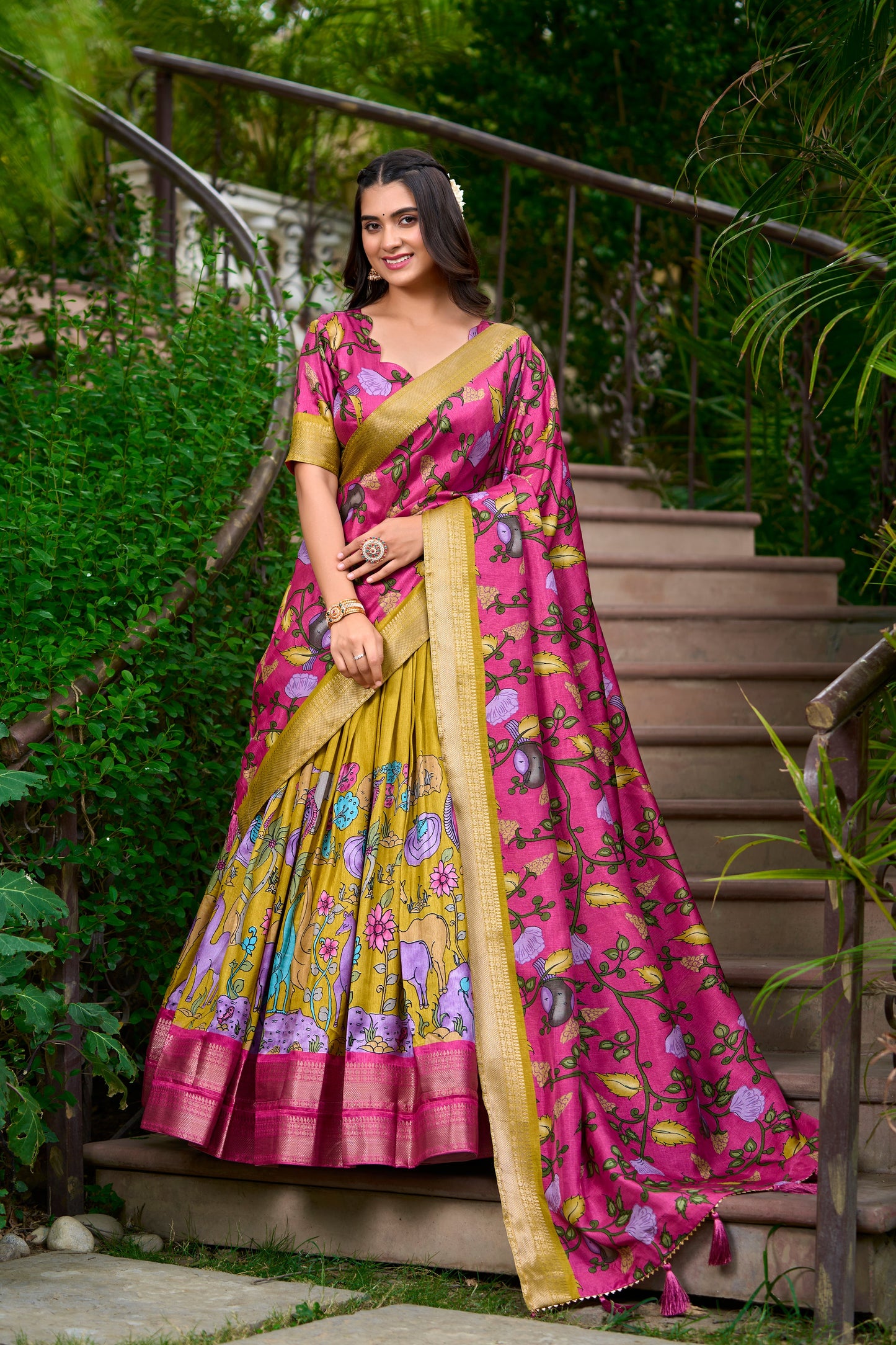 Lorenvalley Mustard Dola Silk Kalamkari Print With Zari Weaving Border Lehenga Choli | Swadesiicart