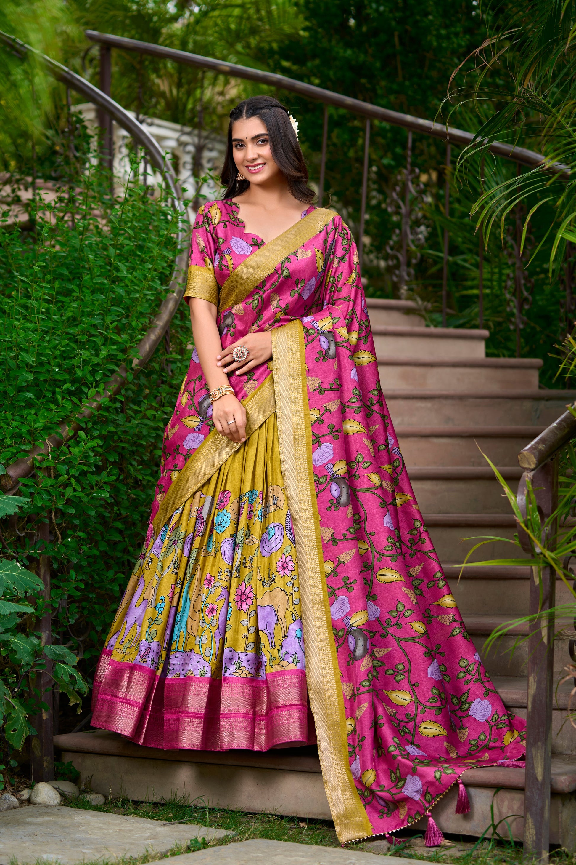 Lorenvalley Mustard Dola Silk Kalamkari Print With Zari Weaving Border Lehenga Choli | Swadesiicart