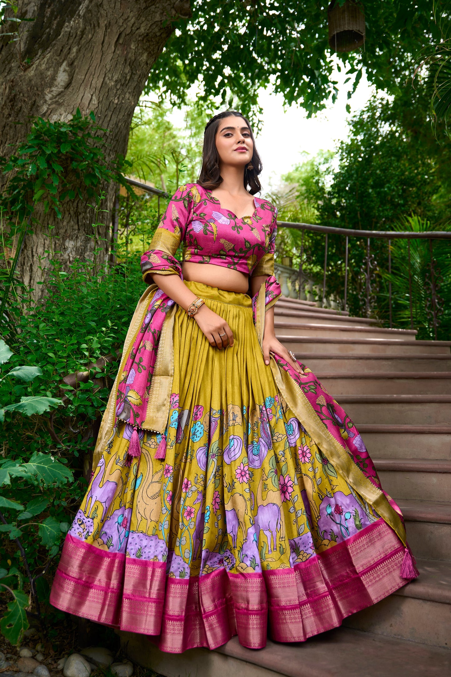 Lorenvalley Mustard Dola Silk Kalamkari Print With Zari Weaving Border Lehenga Choli | Swadesiicart