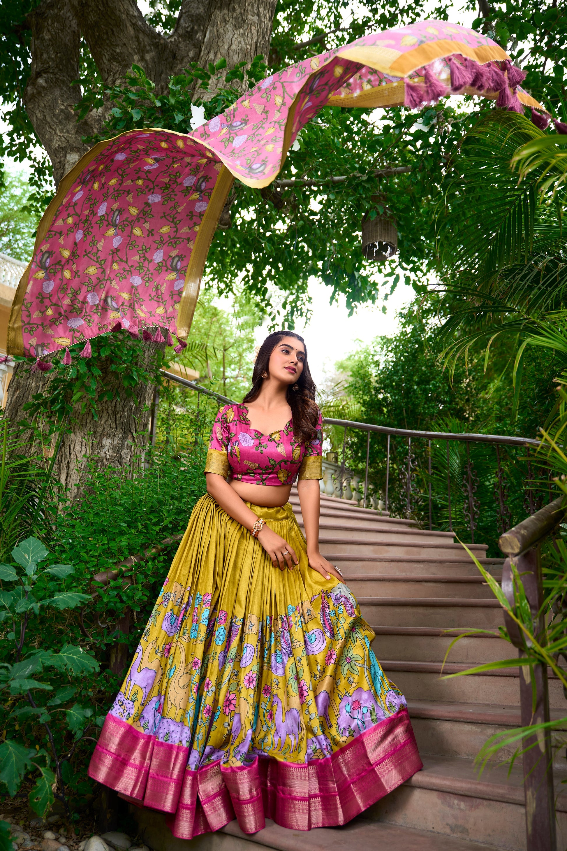 Lorenvalley Mustard Dola Silk Kalamkari Print With Zari Weaving Border Lehenga Choli | Swadesiicart