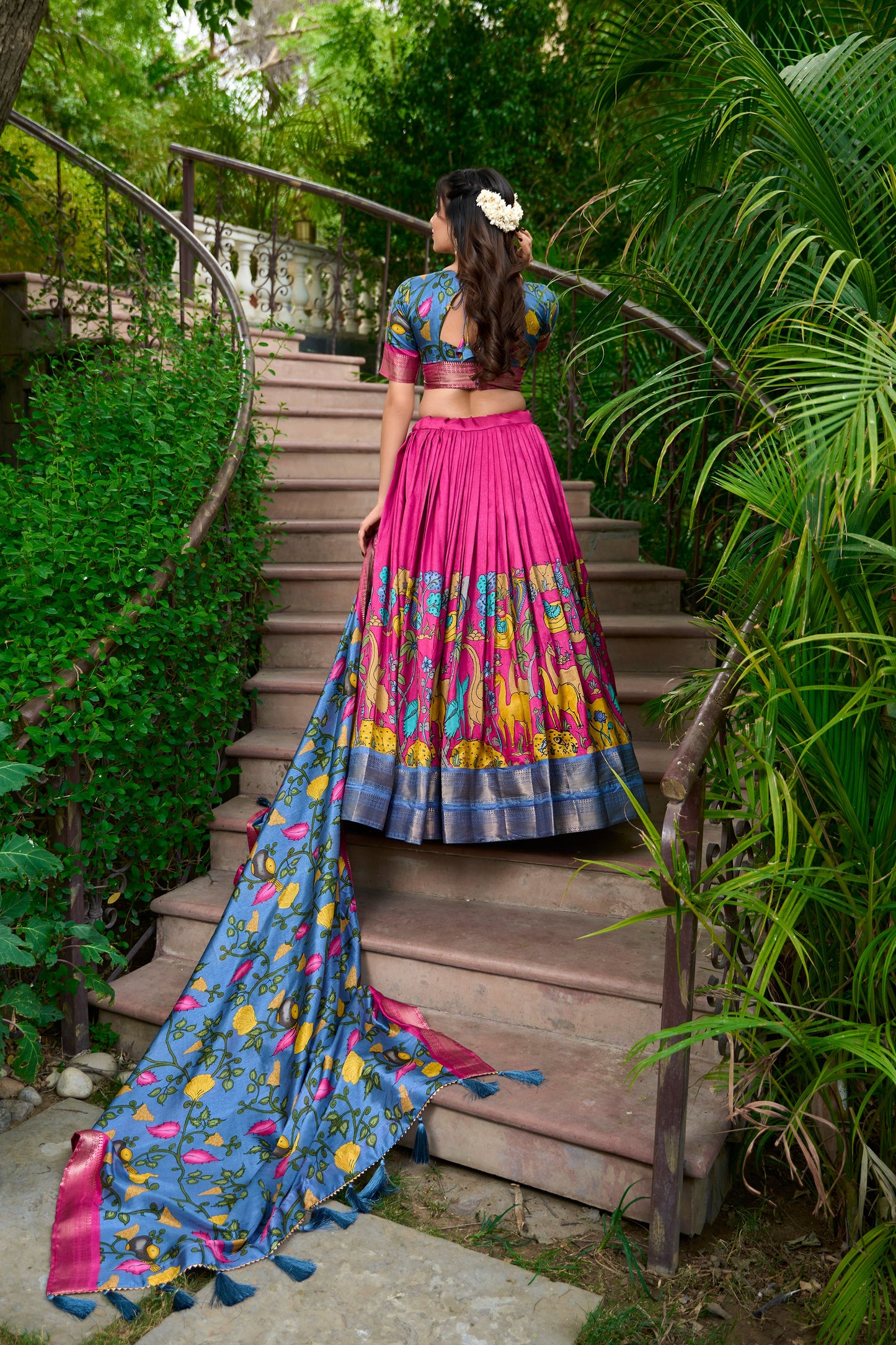 Lorenvalley Pink Dola Silk Kalamkari Print With Zari Weaving Border Lehenga Choli | Swadesiicart