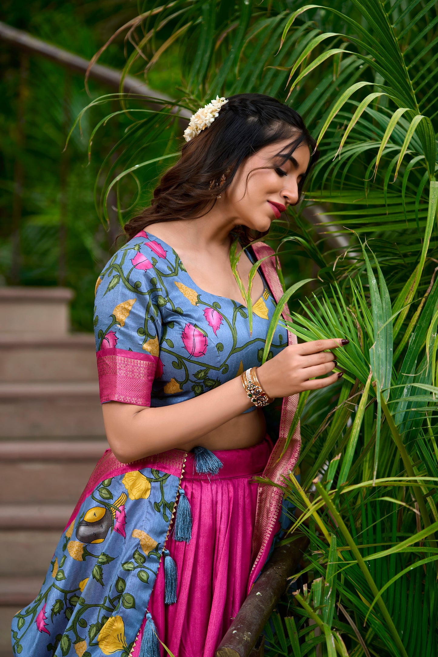 Lorenvalley Pink Dola Silk Kalamkari Print With Zari Weaving Border Lehenga Choli | Swadesiicart