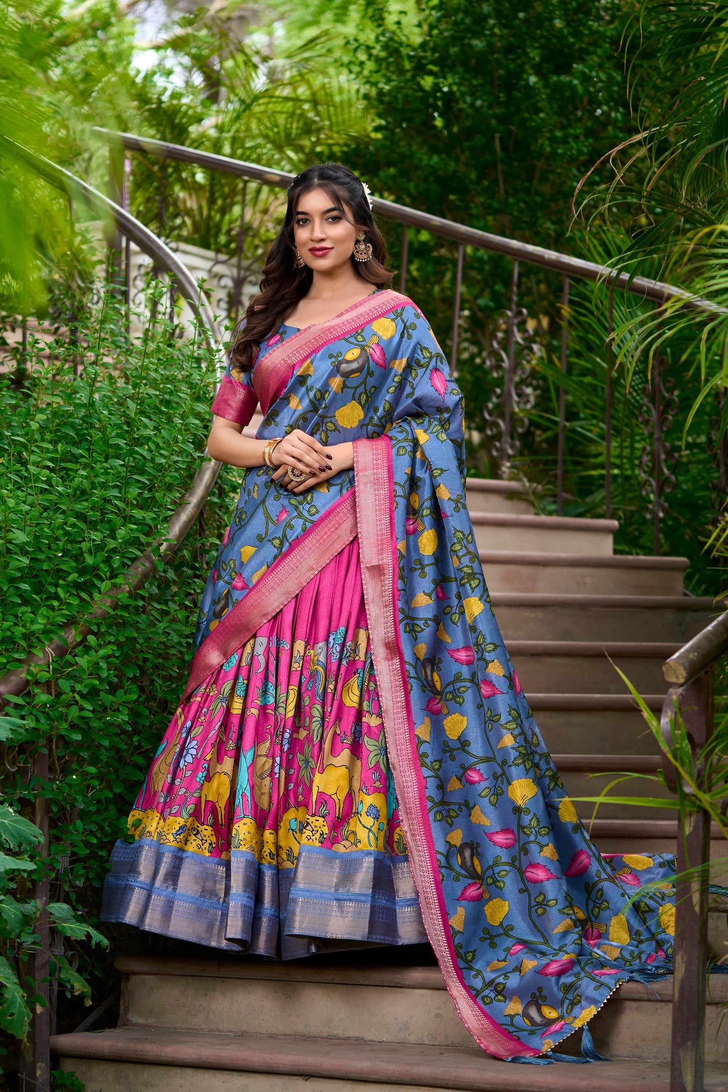 Lorenvalley Pink Dola Silk Kalamkari Print With Zari Weaving Border Lehenga Choli | Swadesiicart