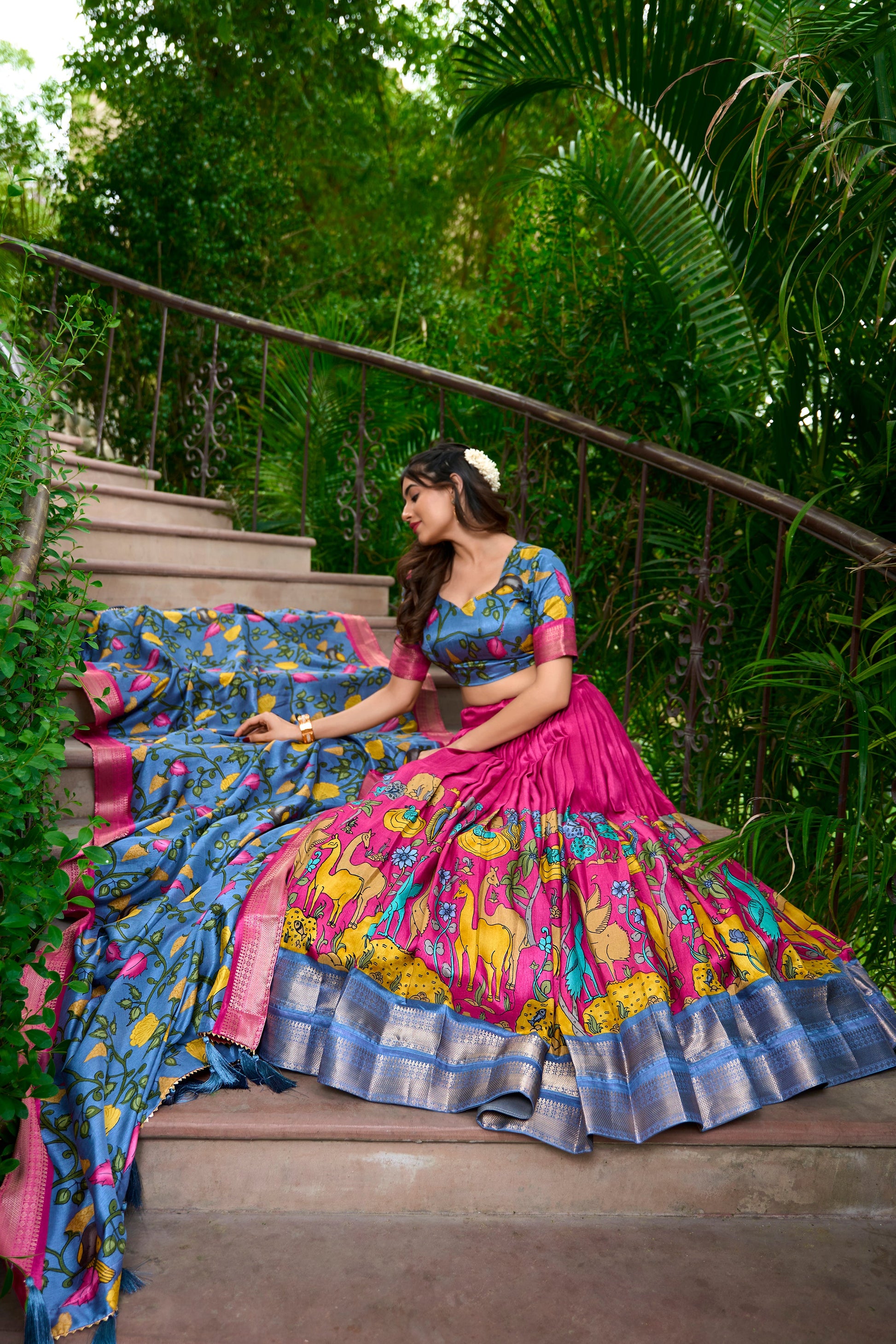 Lorenvalley Pink Dola Silk Kalamkari Print With Zari Weaving Border Lehenga Choli | Swadesiicart
