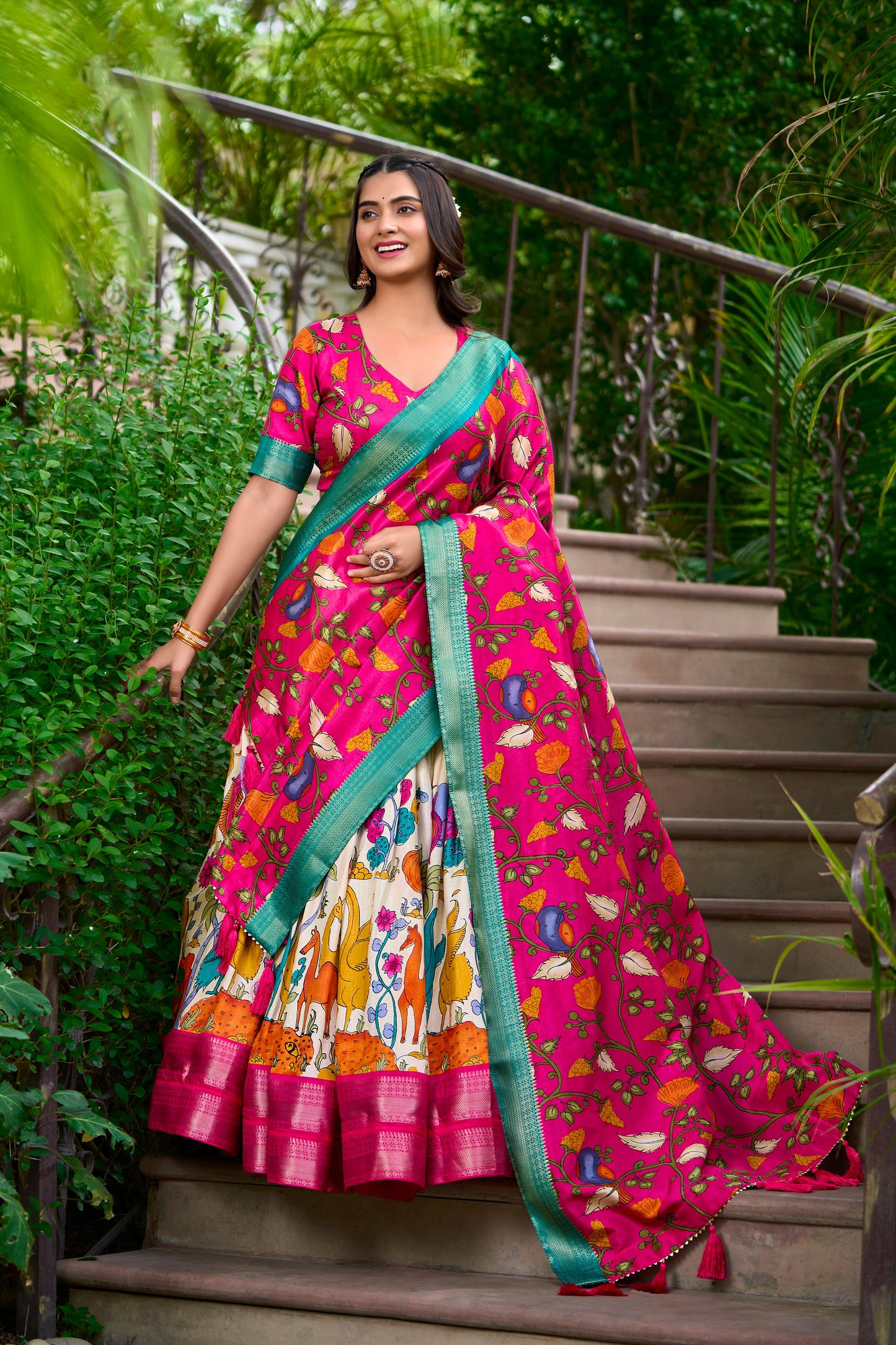 Lorenvalley Cream Dola Silk Kalamkari Print With Zari Weaving Border Lehenga Choli | Swadesiicart