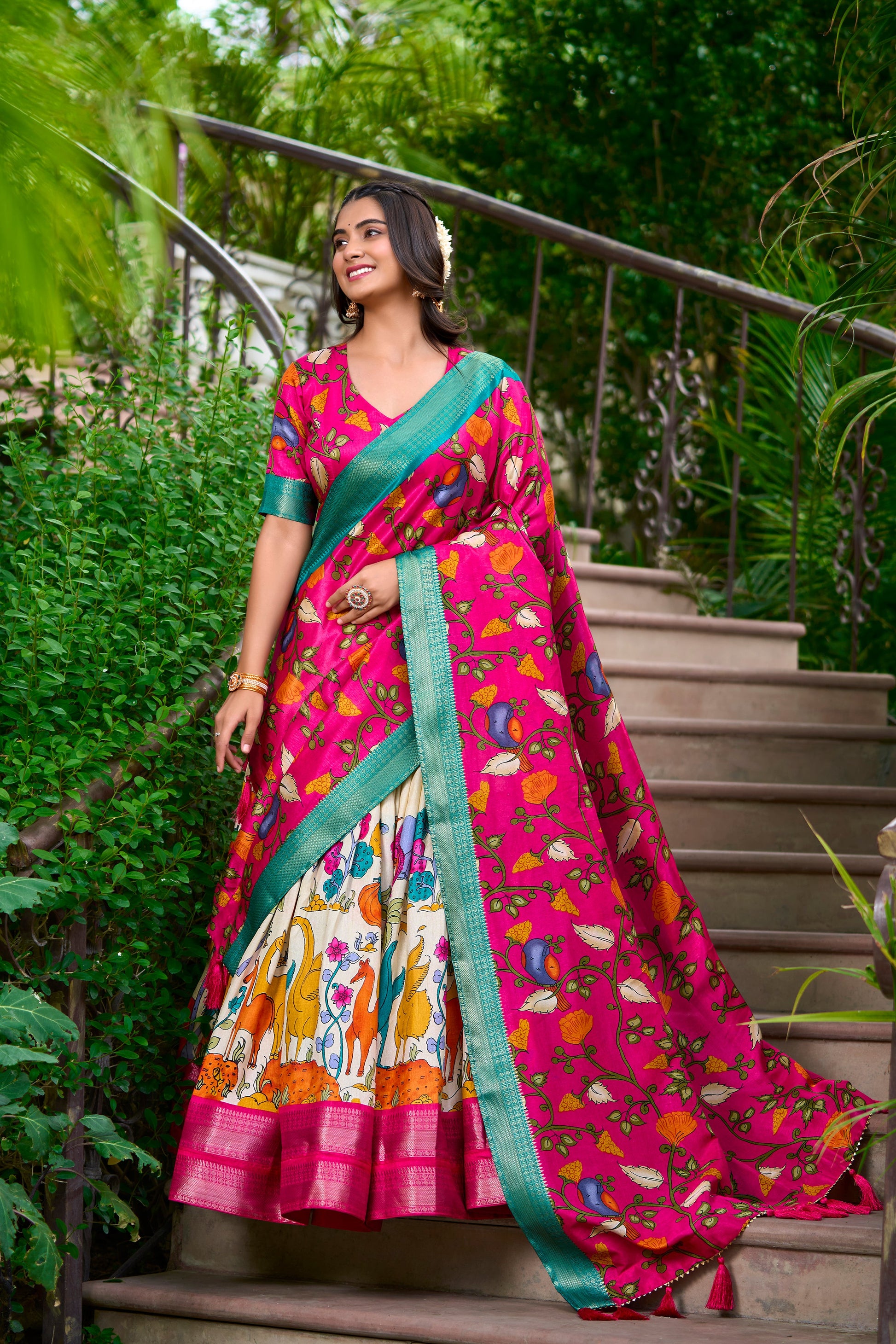 Lorenvalley Cream Dola Silk Kalamkari Print With Zari Weaving Border Lehenga Choli | Swadesiicart