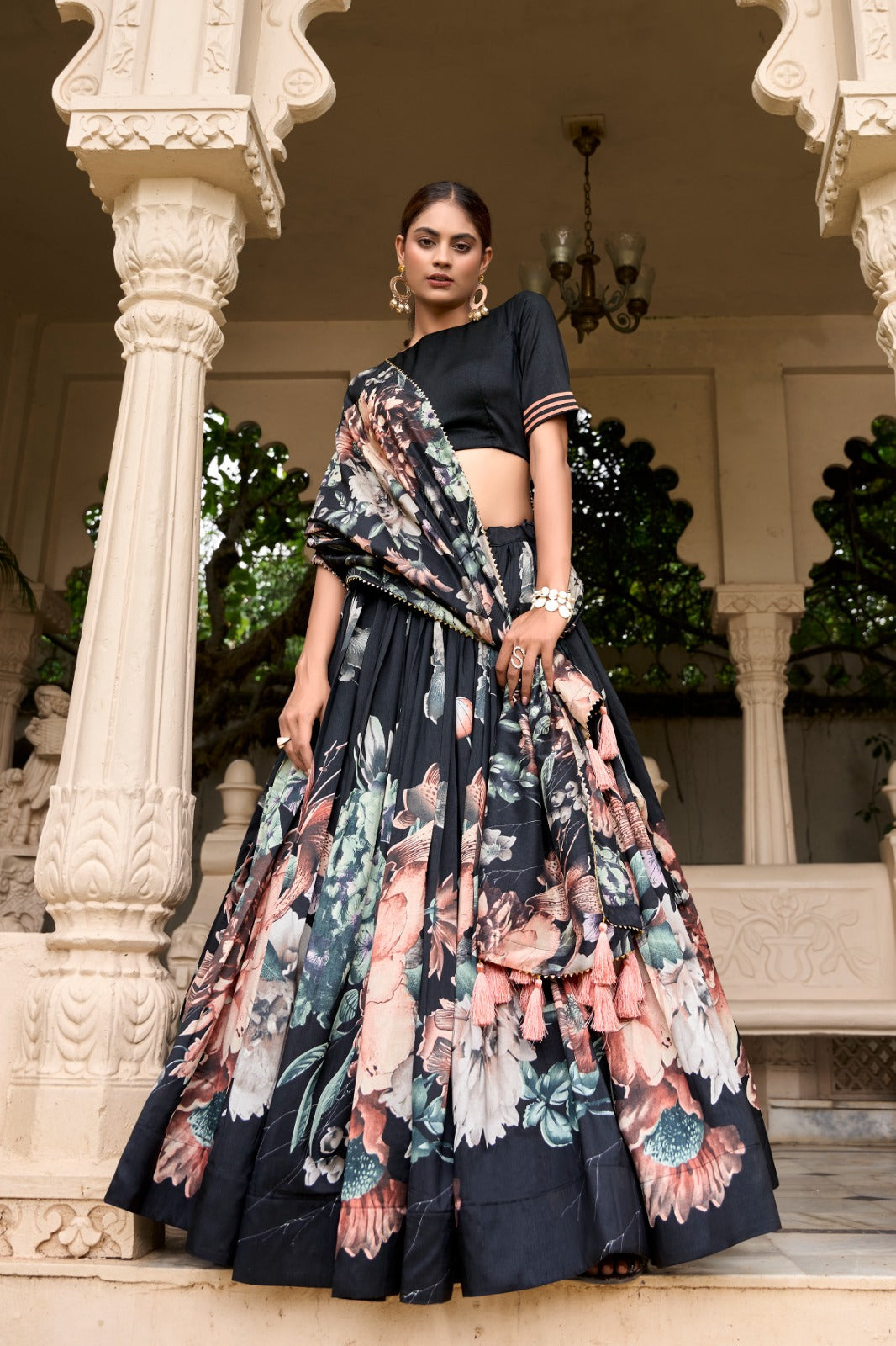 Lorenvalley Black Tussar Silk Floral Print with Lace Touch Up Lehenga Choli | Swadesiicart