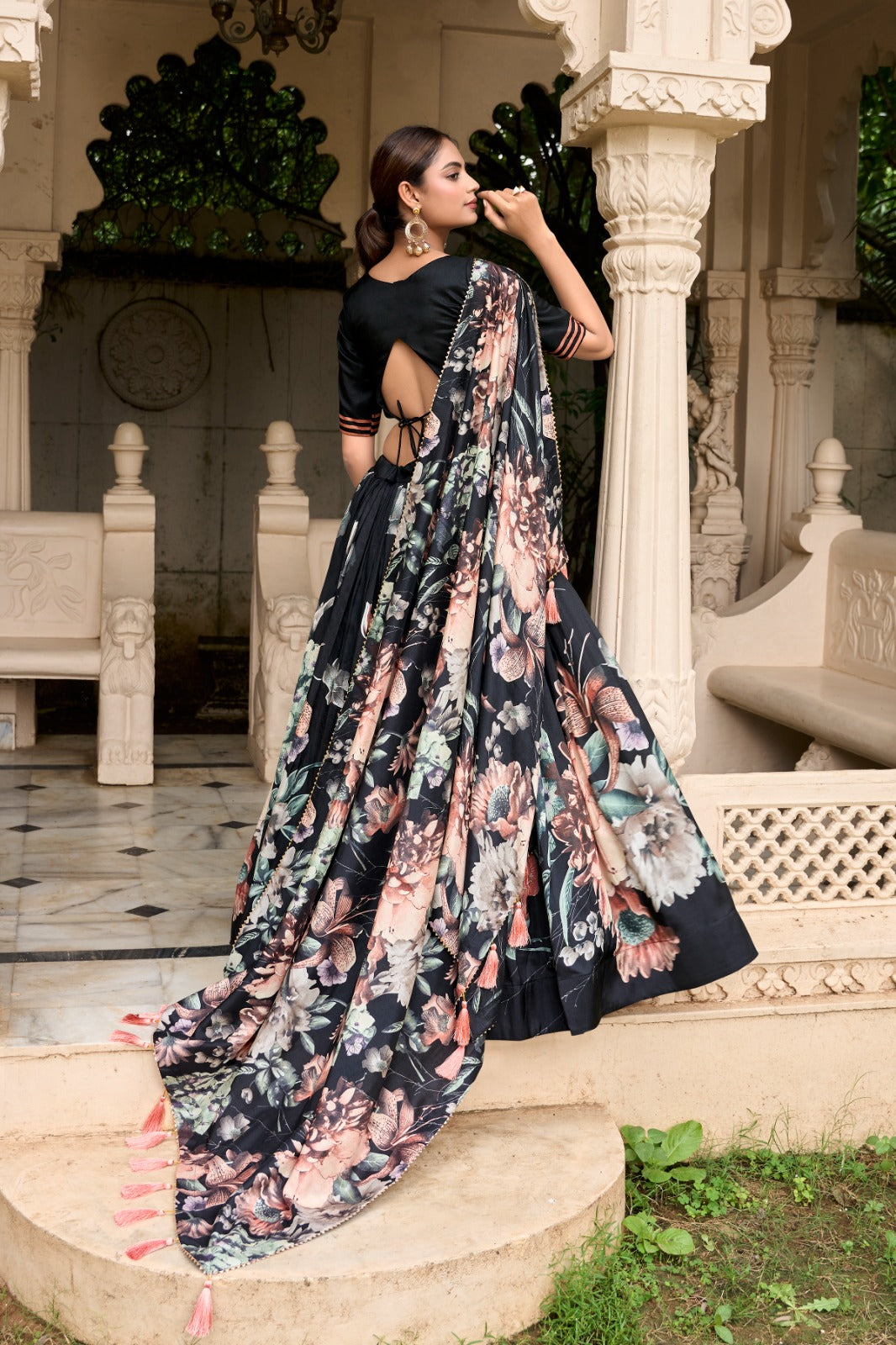 Lorenvalley Black Tussar Silk Floral Print with Lace Touch Up Lehenga Choli | Swadesiicart