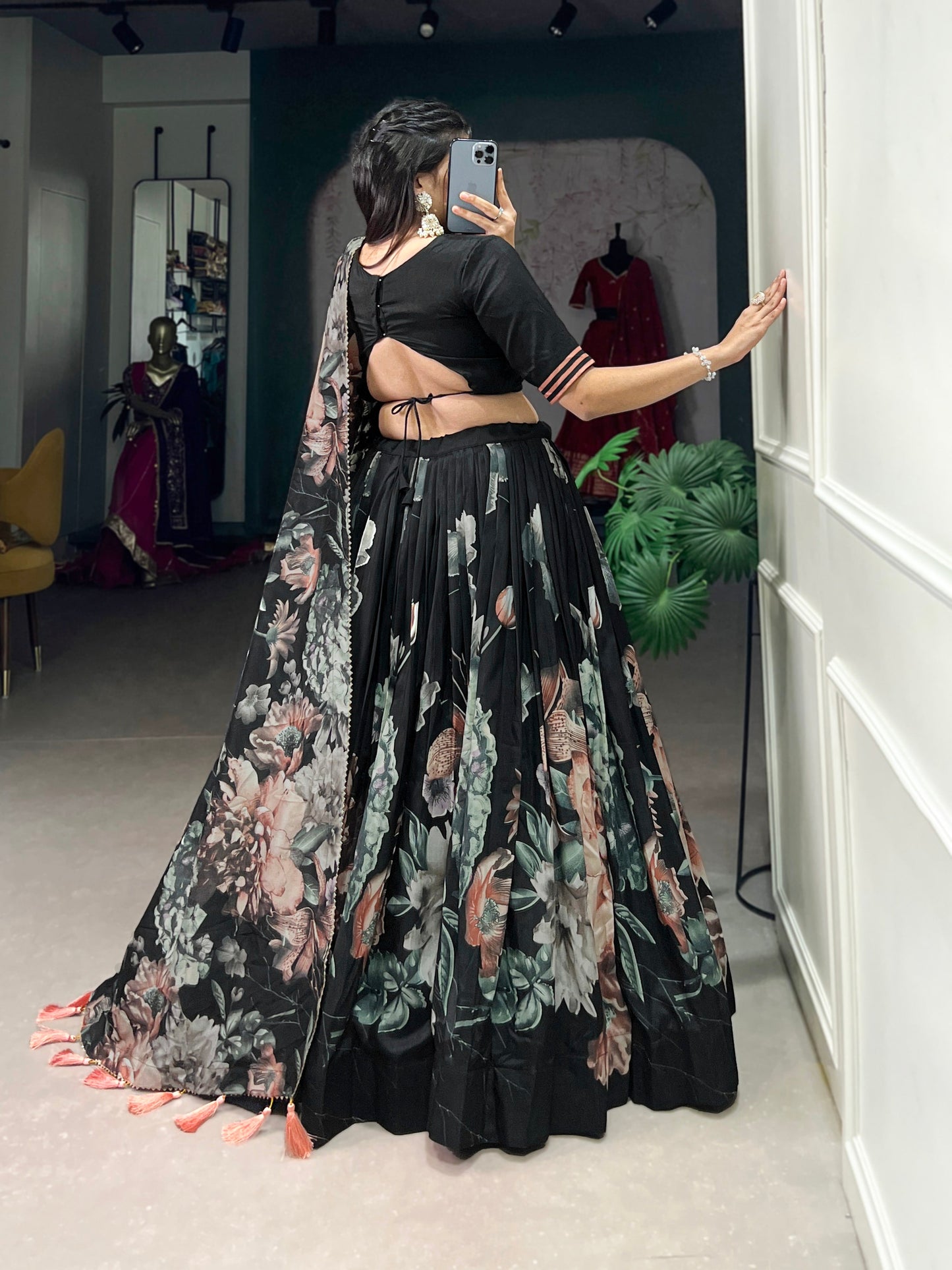Lorenvalley Black Tussar Silk Floral Print with Lace Touch Up Lehenga Choli | Swadesiicart