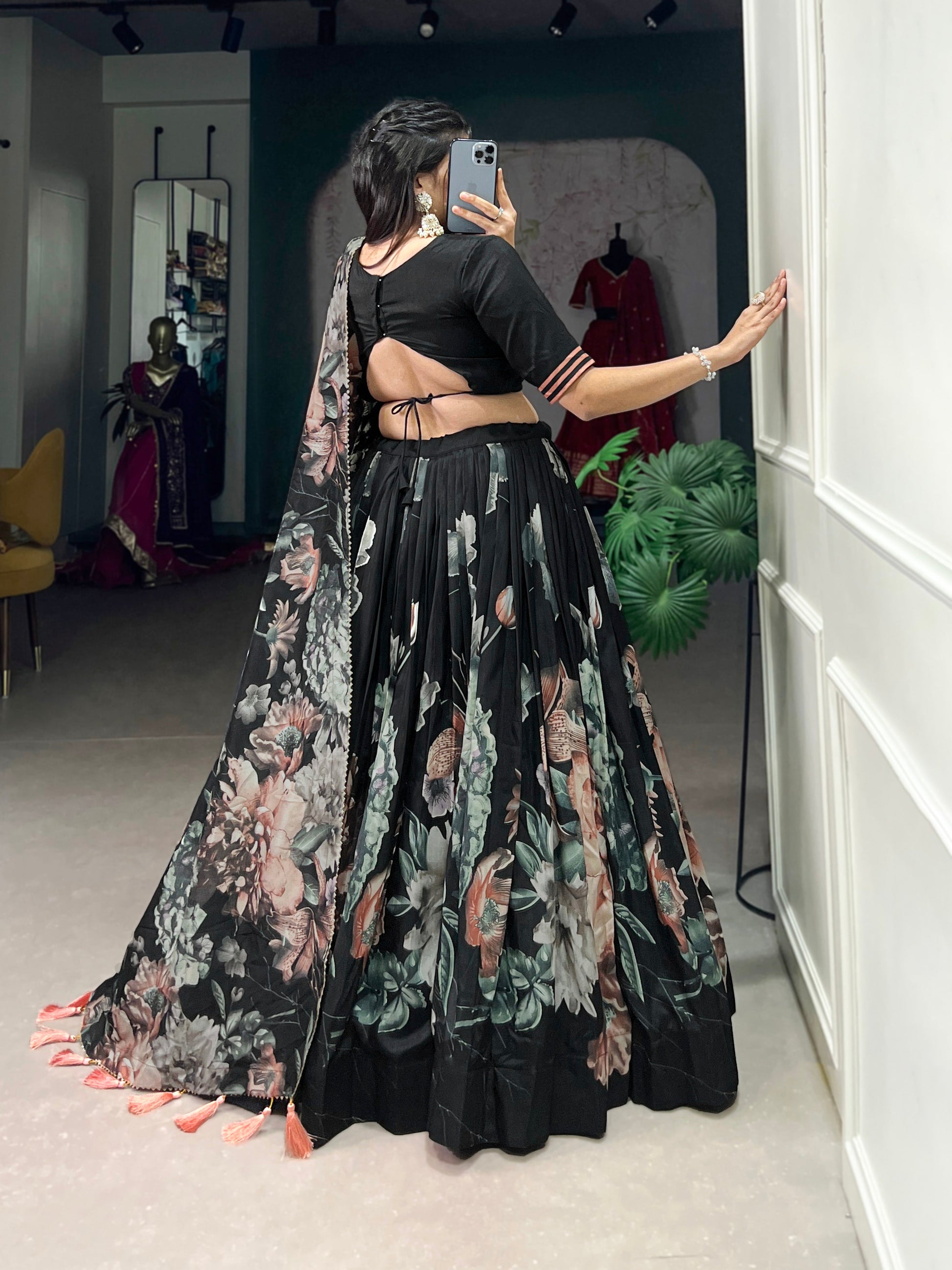 Lorenvalley Black Tussar Silk Floral Print with Lace Touch Up Lehenga Choli | Swadesiicart