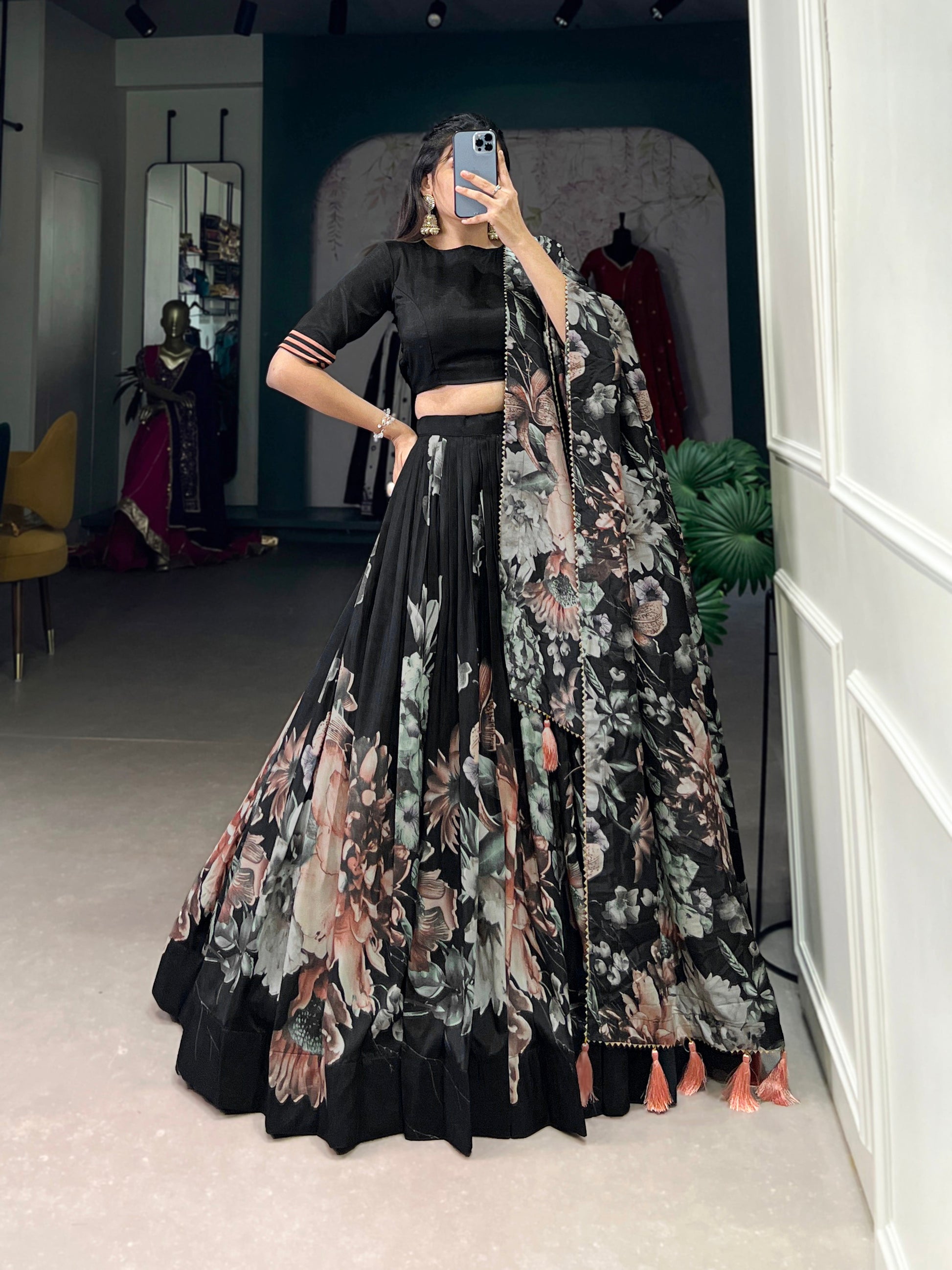 Lorenvalley Black Tussar Silk Floral Print with Lace Touch Up Lehenga Choli | Swadesiicart
