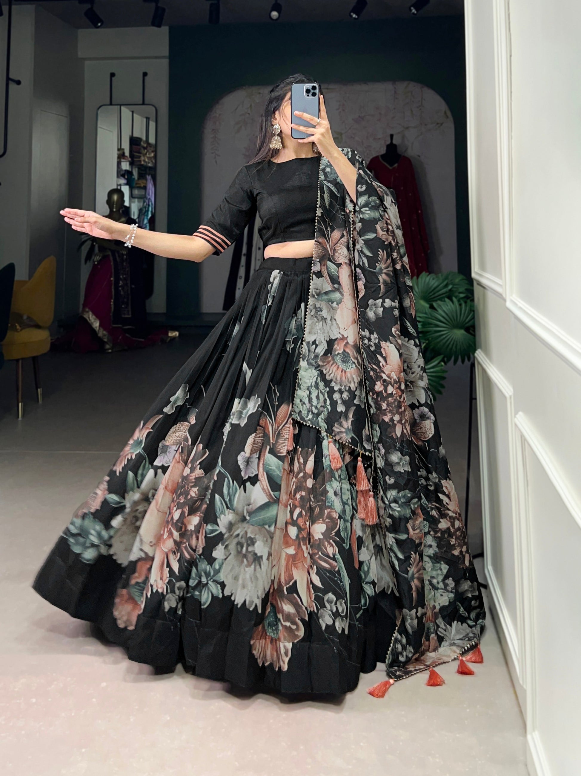 Lorenvalley Black Tussar Silk Floral Print with Lace Touch Up Lehenga Choli | Swadesiicart