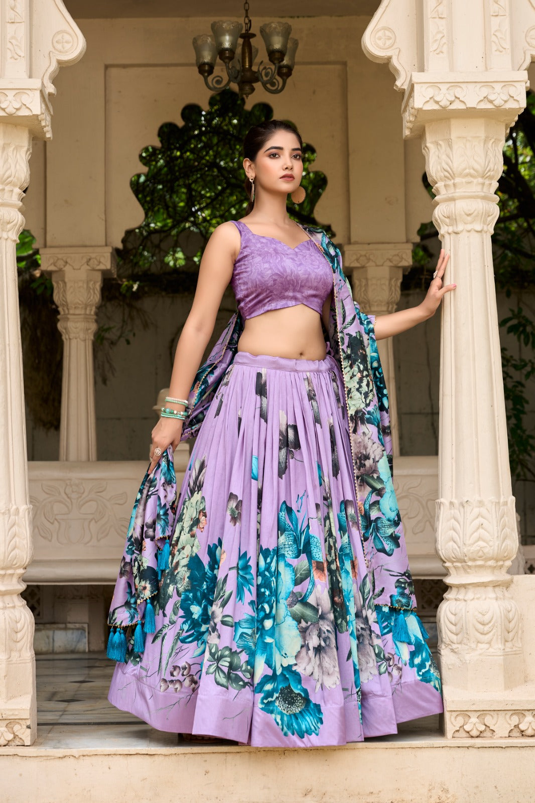 Lorenvalley Lavender Tussar Silk Floral Print with Lace Touch Up Lehenga Choli | Swadesiicart