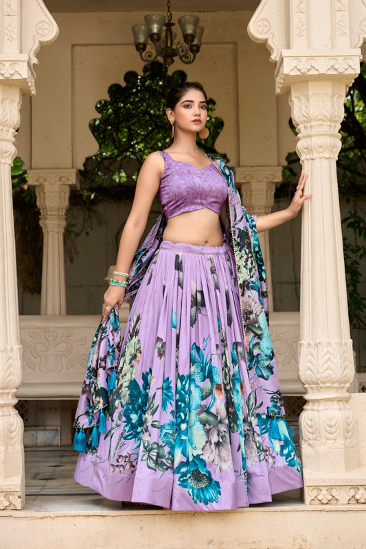 Lorenvalley Lavender Tussar Silk Floral Print with Lace Touch Up Lehenga Choli | Swadesiicart
