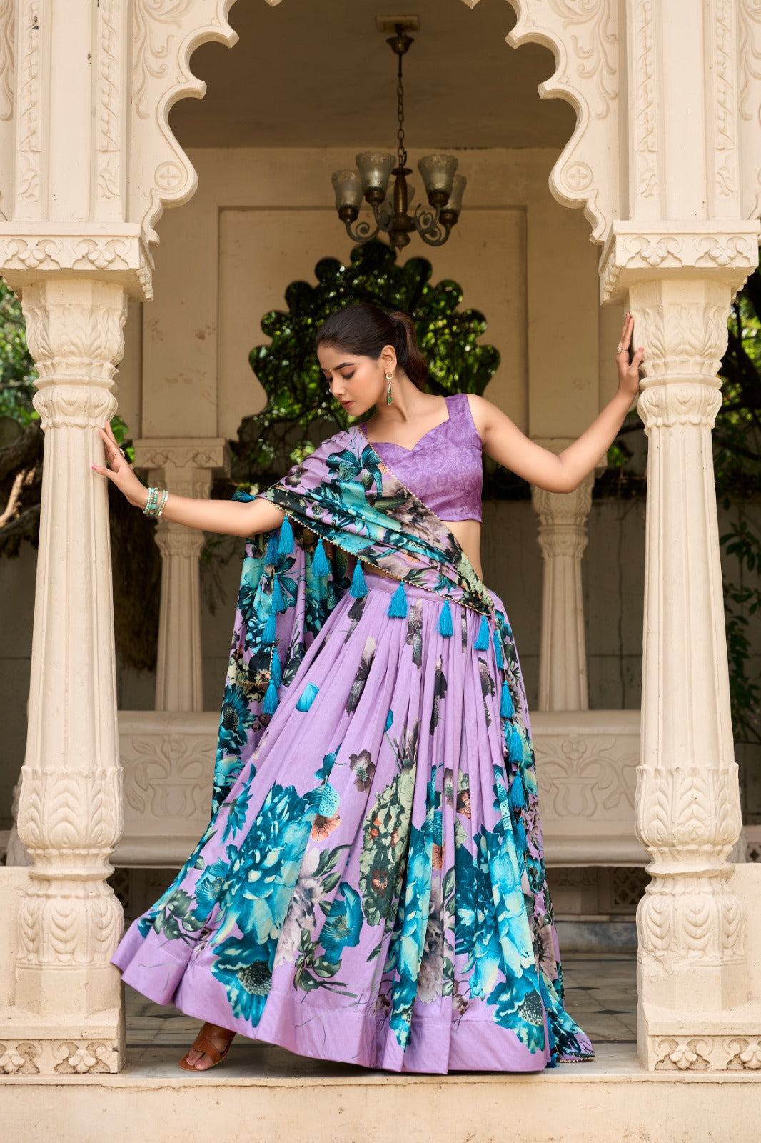 Lorenvalley Lavender Tussar Silk Floral Print with Lace Touch Up Lehenga Choli | Swadesiicart