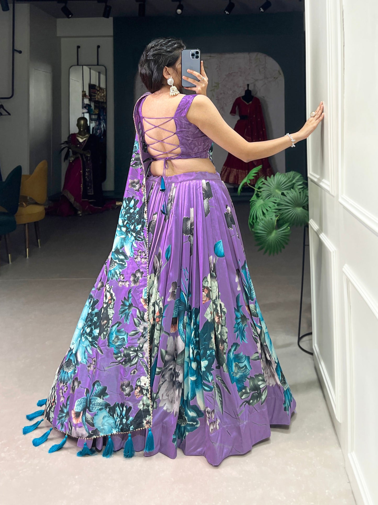Lorenvalley Lavender Tussar Silk Floral Print with Lace Touch Up Lehenga Choli | Swadesiicart