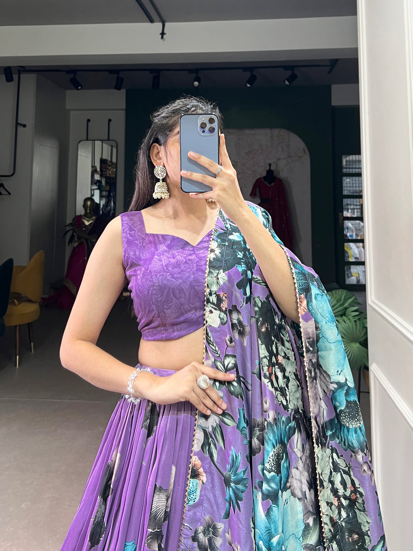 Lorenvalley Lavender Tussar Silk Floral Print with Lace Touch Up Lehenga Choli | Swadesiicart