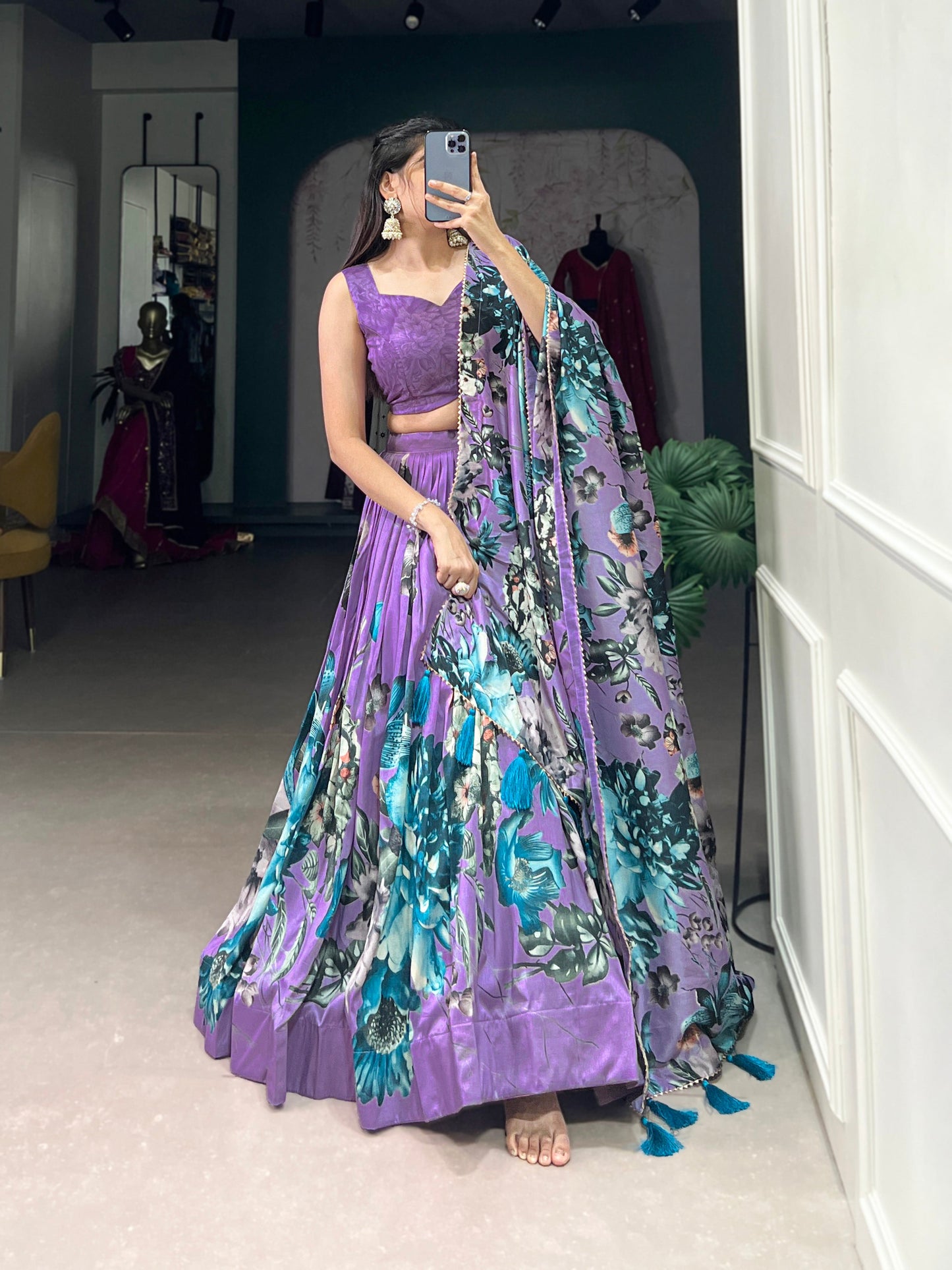 Lorenvalley Lavender Tussar Silk Floral Print with Lace Touch Up Lehenga Choli | Swadesiicart