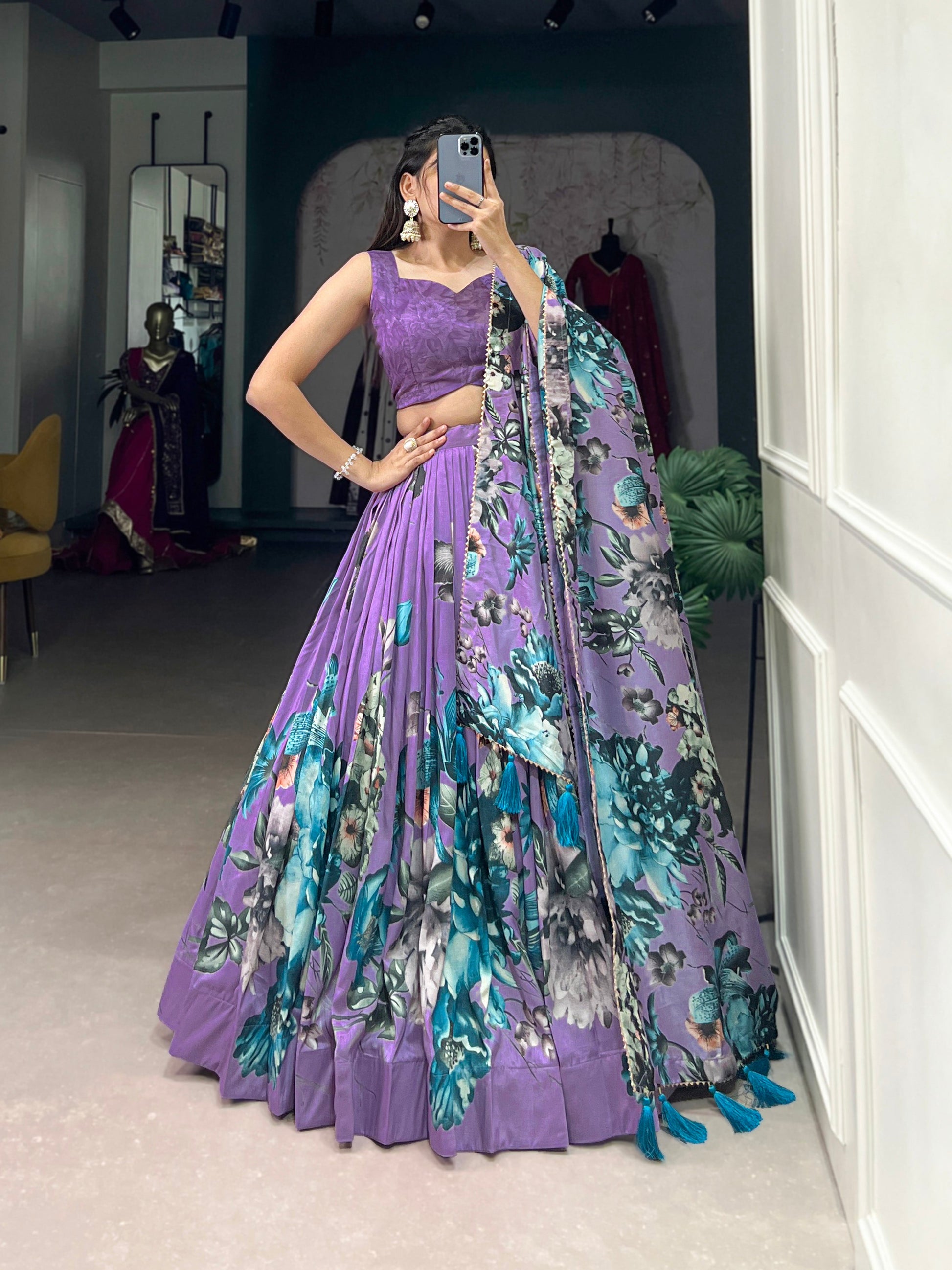 Lorenvalley Lavender Tussar Silk Floral Print with Lace Touch Up Lehenga Choli | Swadesiicart