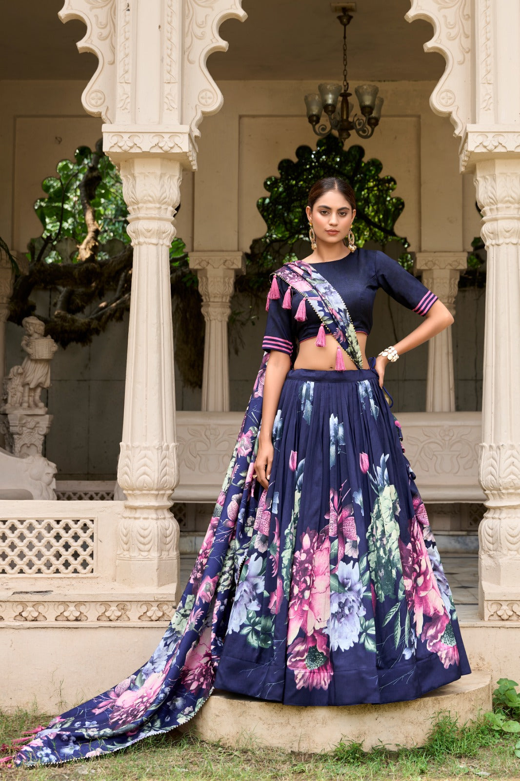 Lorenvalley Blue Tussar Silk Floral Print with Lace Touch Up Lehenga Choli | Swadesiicart