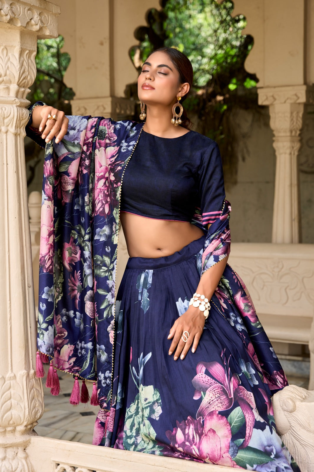 Lorenvalley Blue Tussar Silk Floral Print with Lace Touch Up Lehenga Choli | Swadesiicart