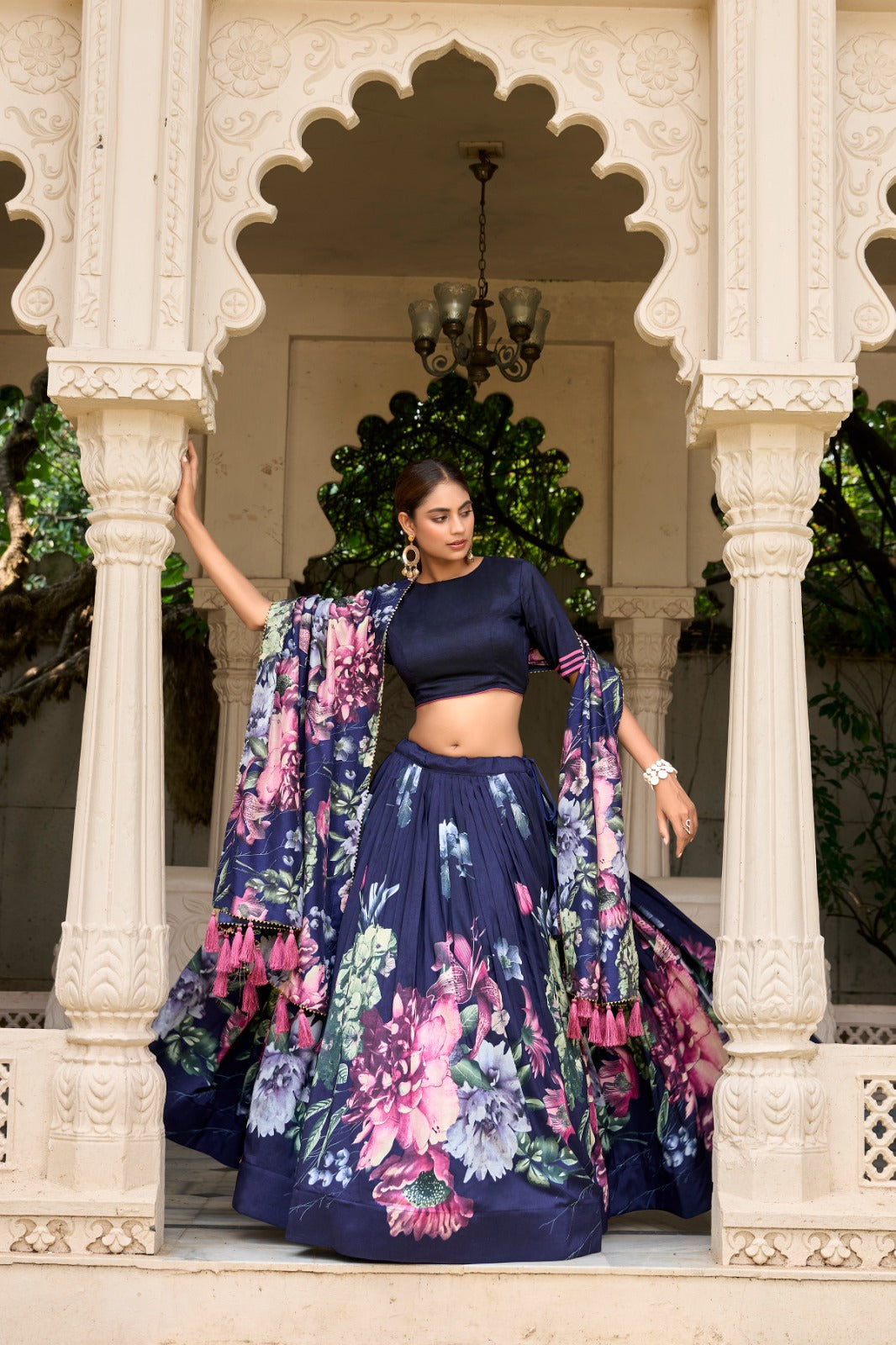Lorenvalley Blue Tussar Silk Floral Print with Lace Touch Up Lehenga Choli | Swadesiicart