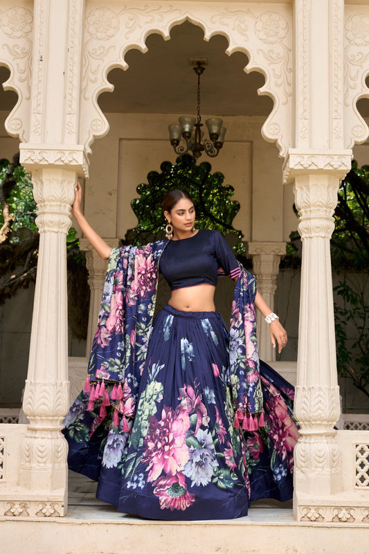 Lorenvalley Blue Tussar Silk Floral Print with Lace Touch Up Lehenga Choli | Swadesiicart